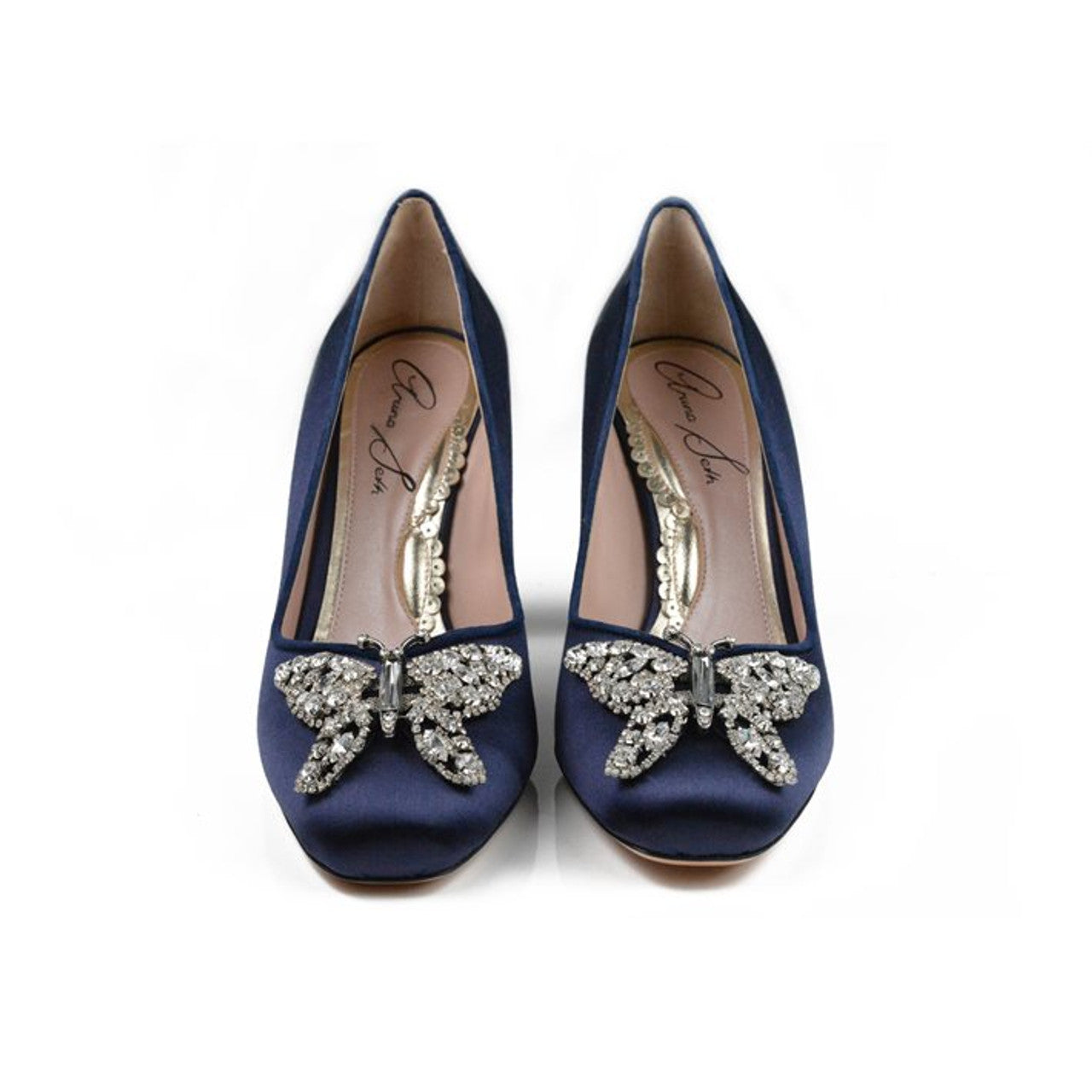 Annabel Butterfly Block Heels Navy Blue Satin