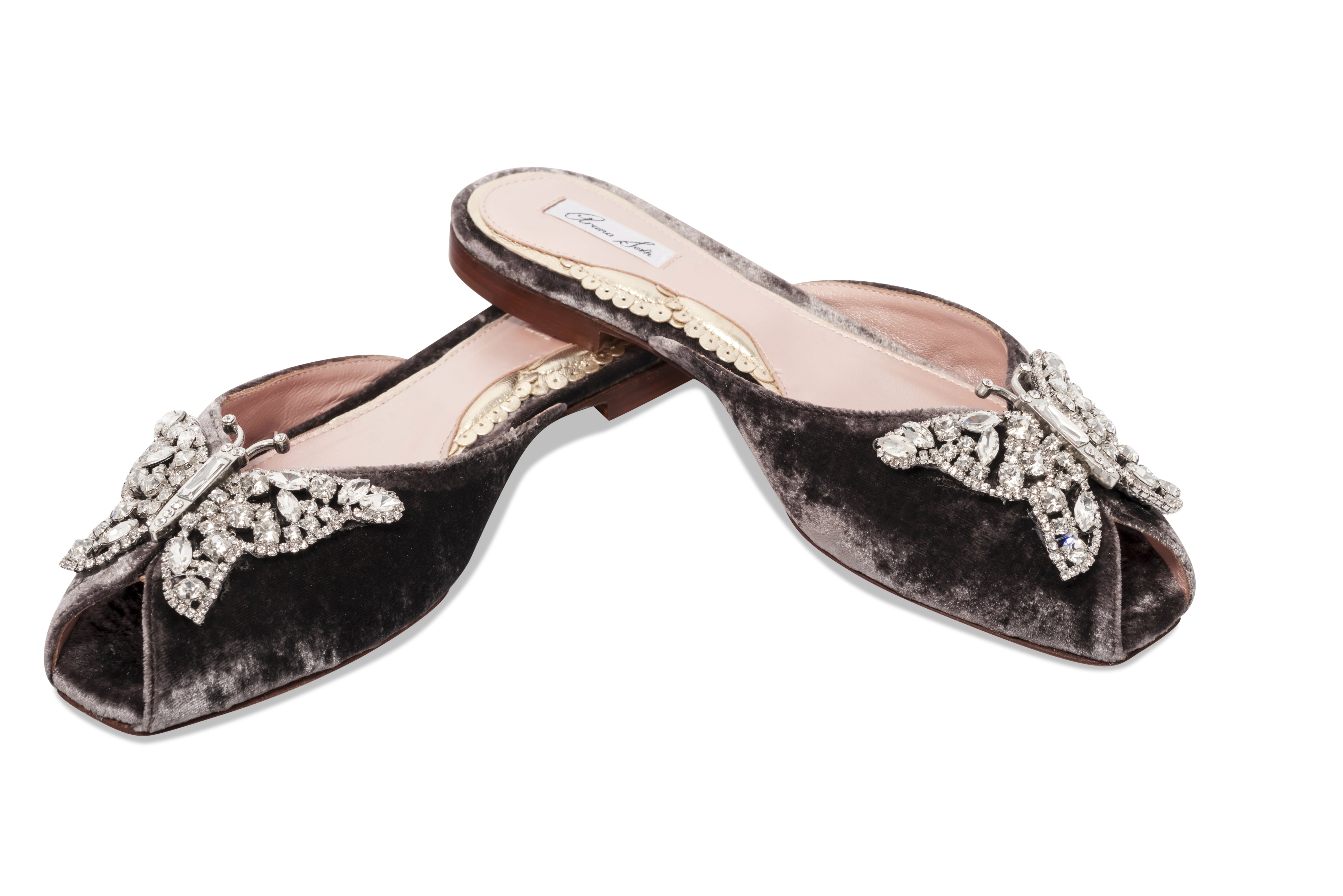 Luna Butterfly Slip-on Sliders Grey Velvet