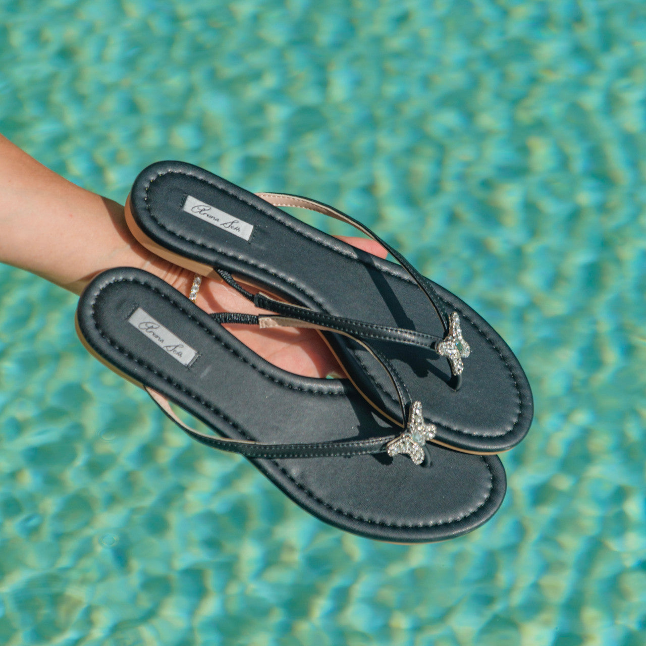 Designer Summer Sandals Butterfly Black Leather Flip-Flops