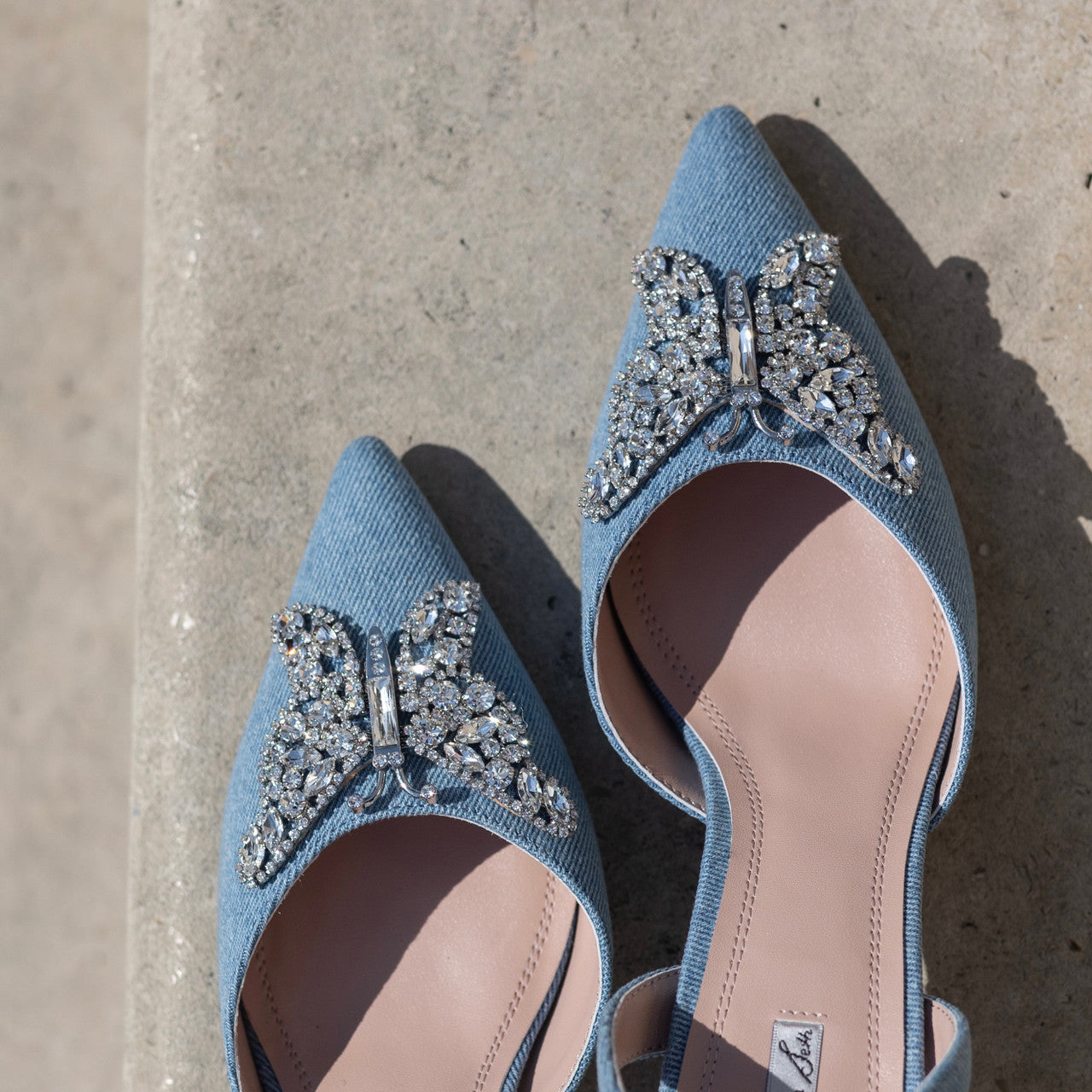 Love Butterfly Slingback Heels Denim