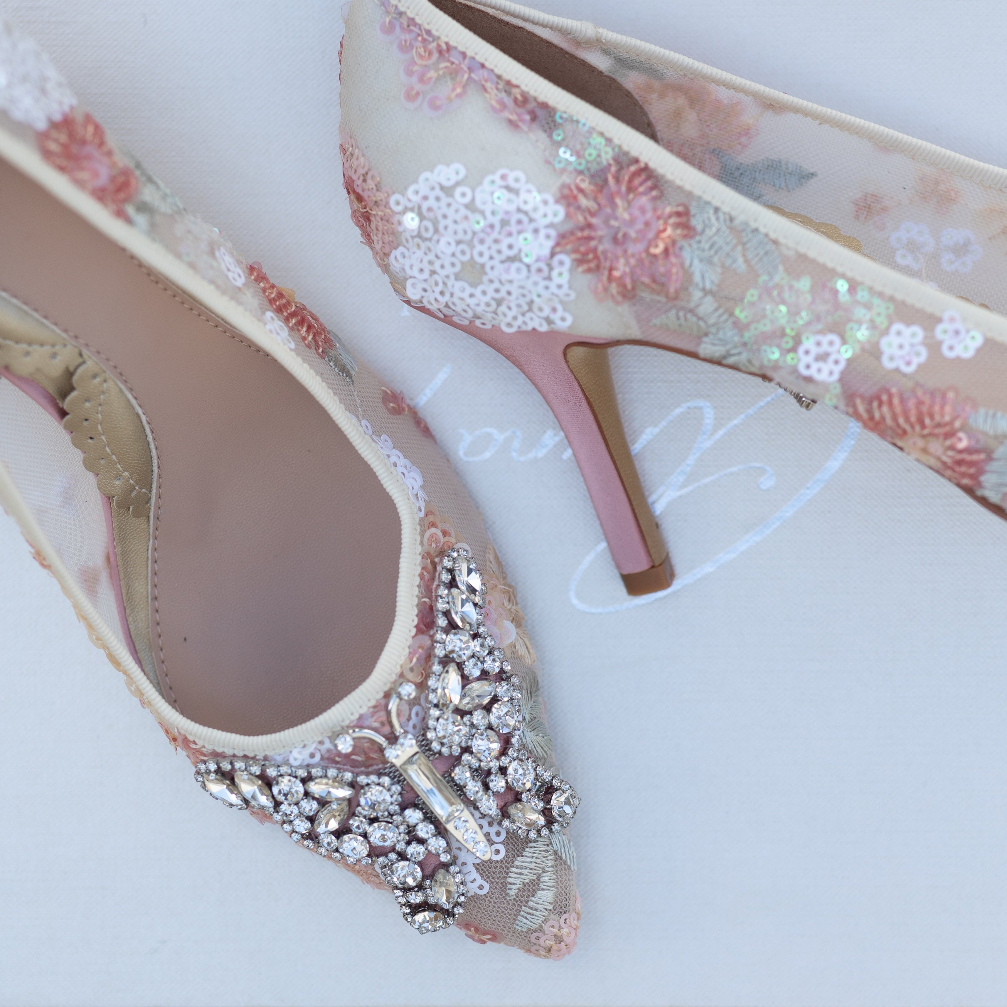 Emilia Butterfly Heels Beaded Floral Lace