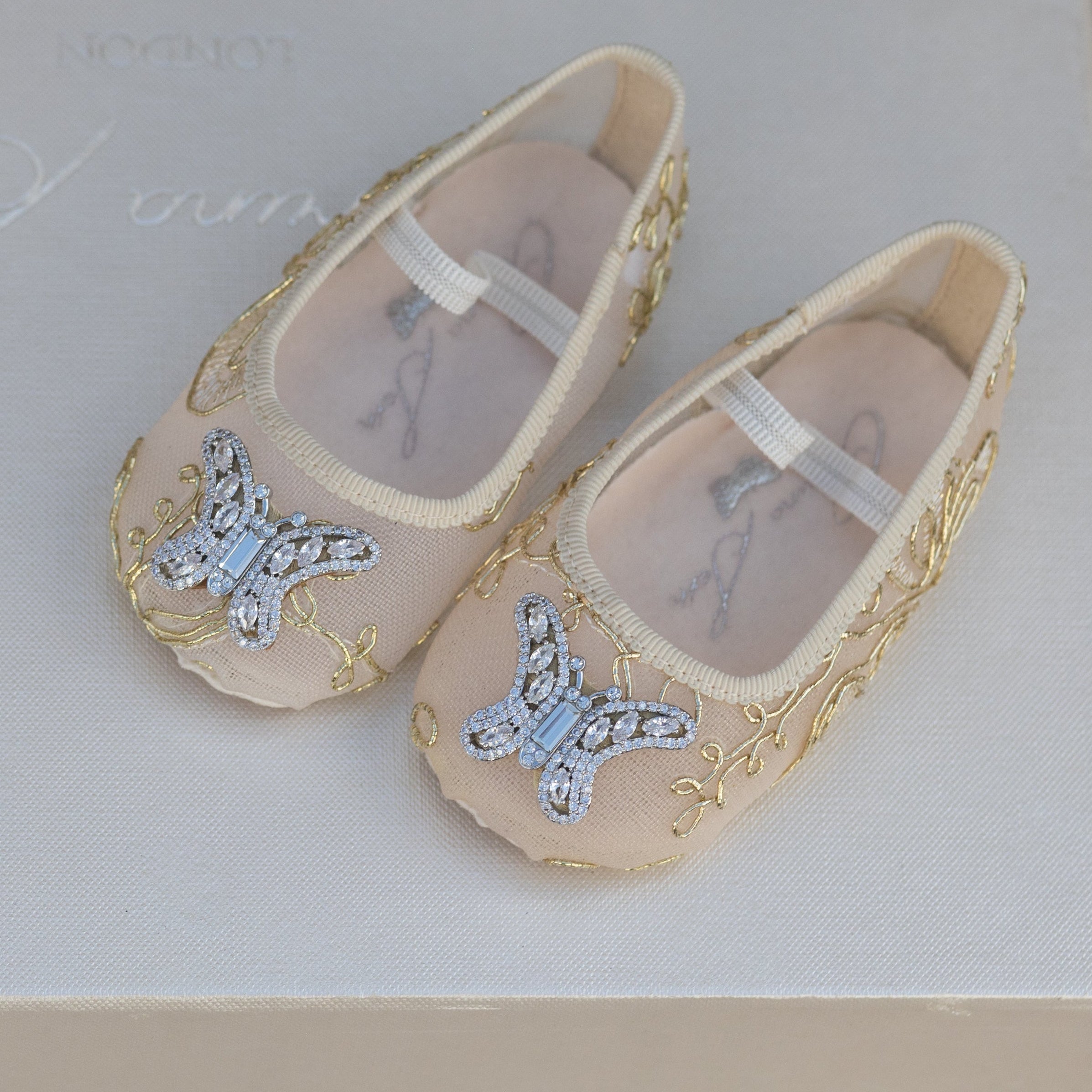 Odette Butterfly Baby Shoes | Gold Chantilly Lace
