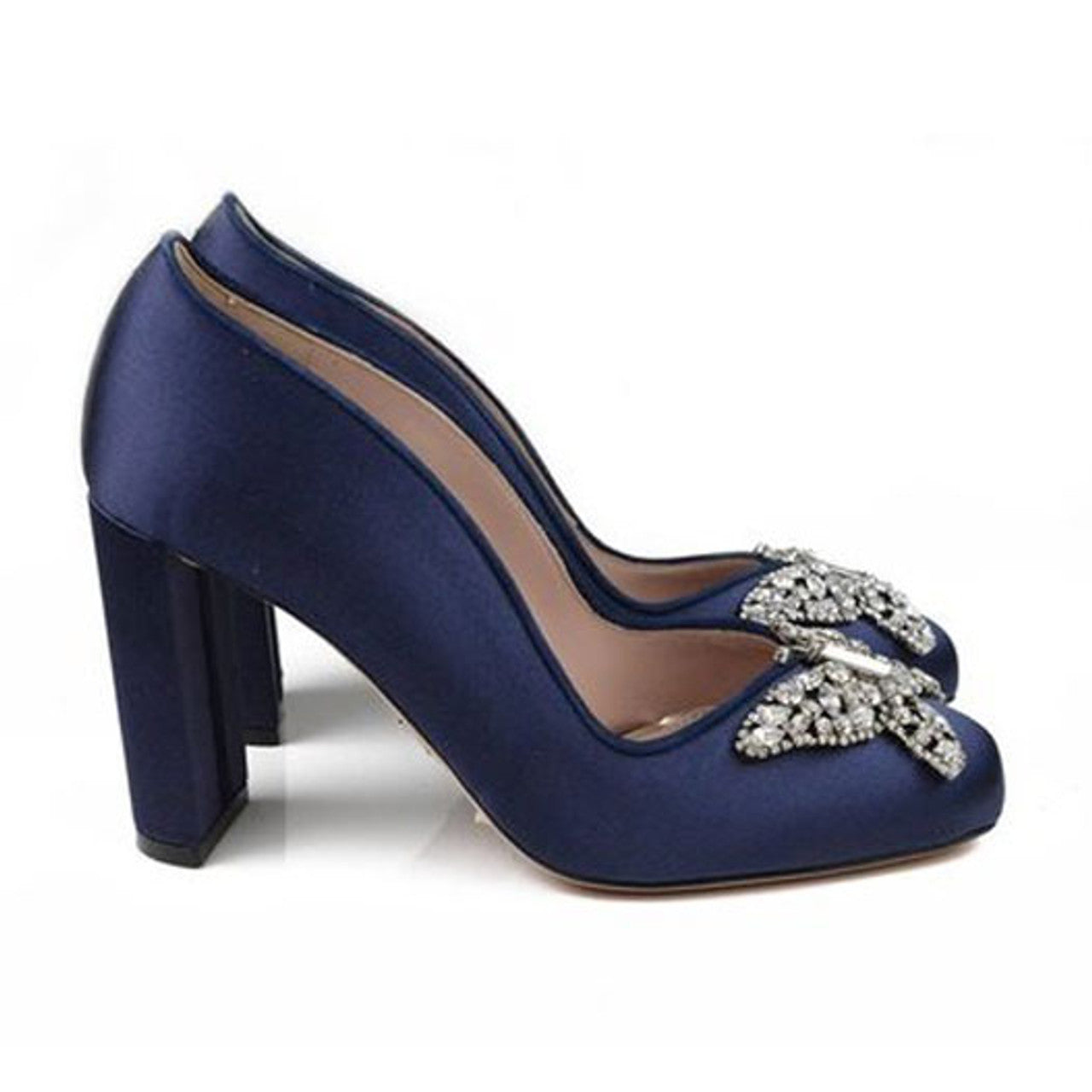 Annabel Butterfly Block Heels Navy Blue Satin