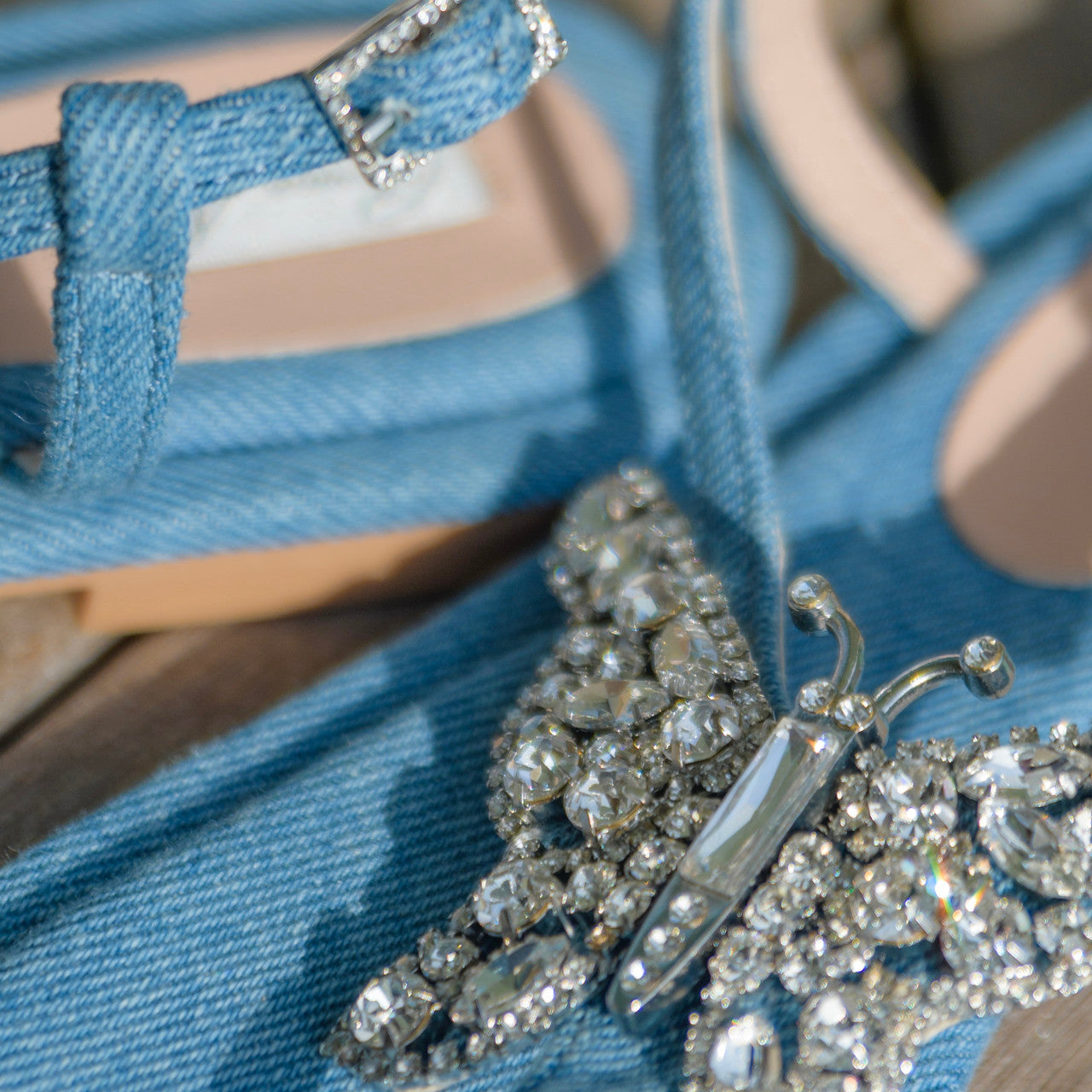 Capri Butterfly T Bar Sandals Blue Denim