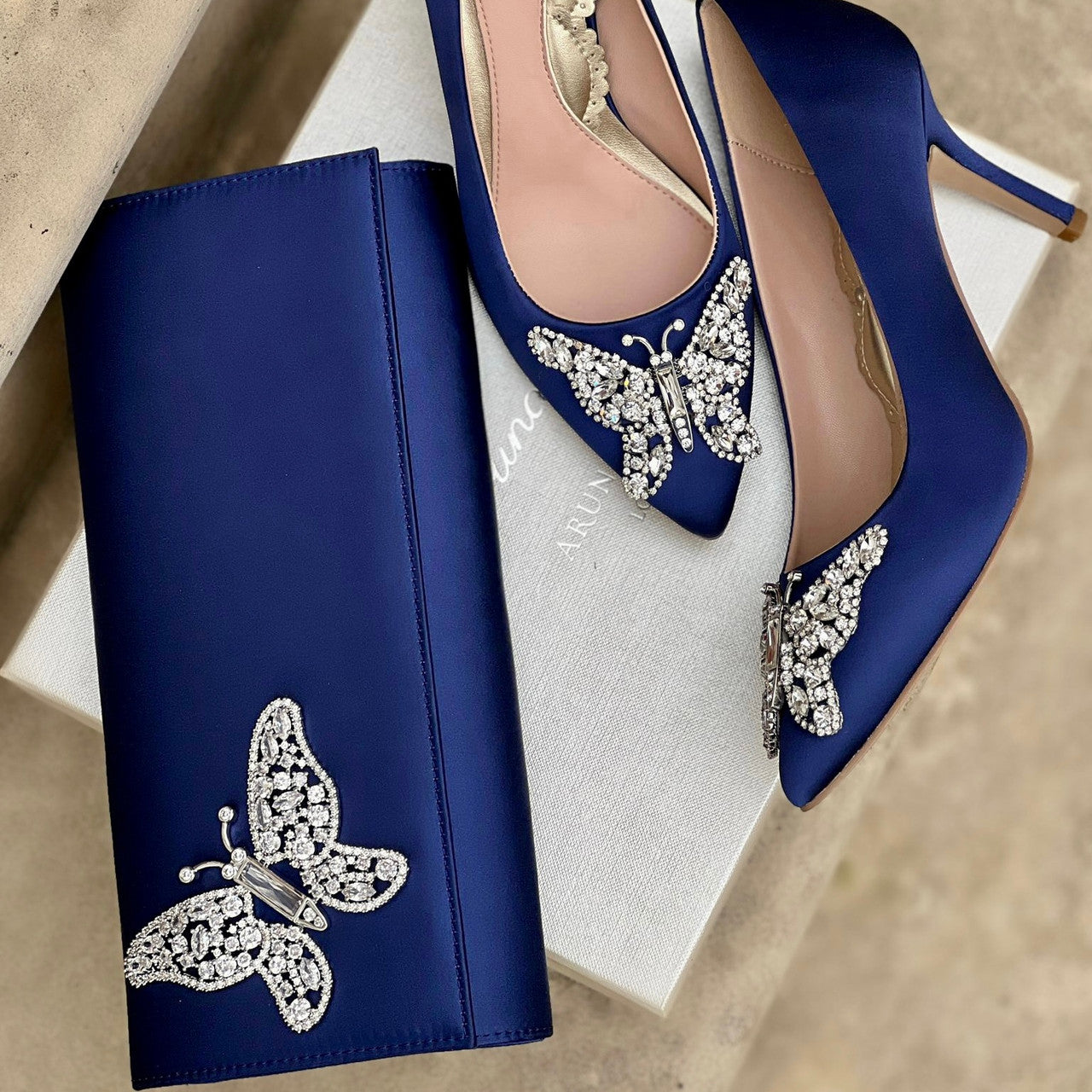 Emilia Butterfly Heels Navy Blue Satin