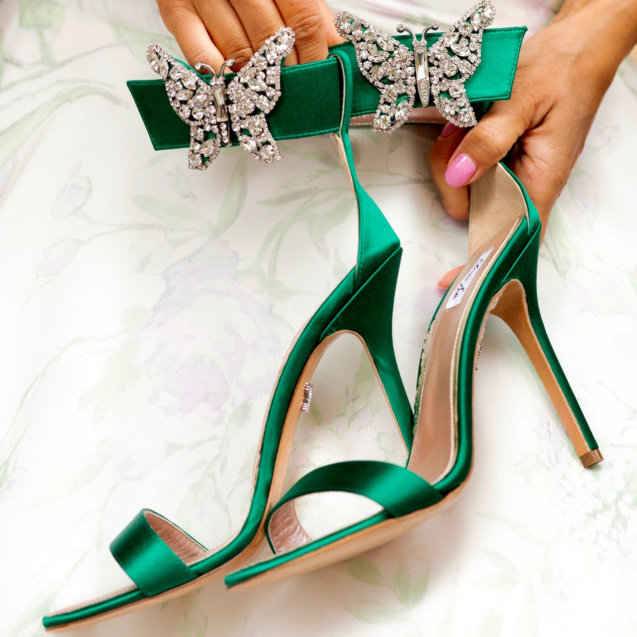Portofino Butterfly High Heel Sandals Emerald Green Satin