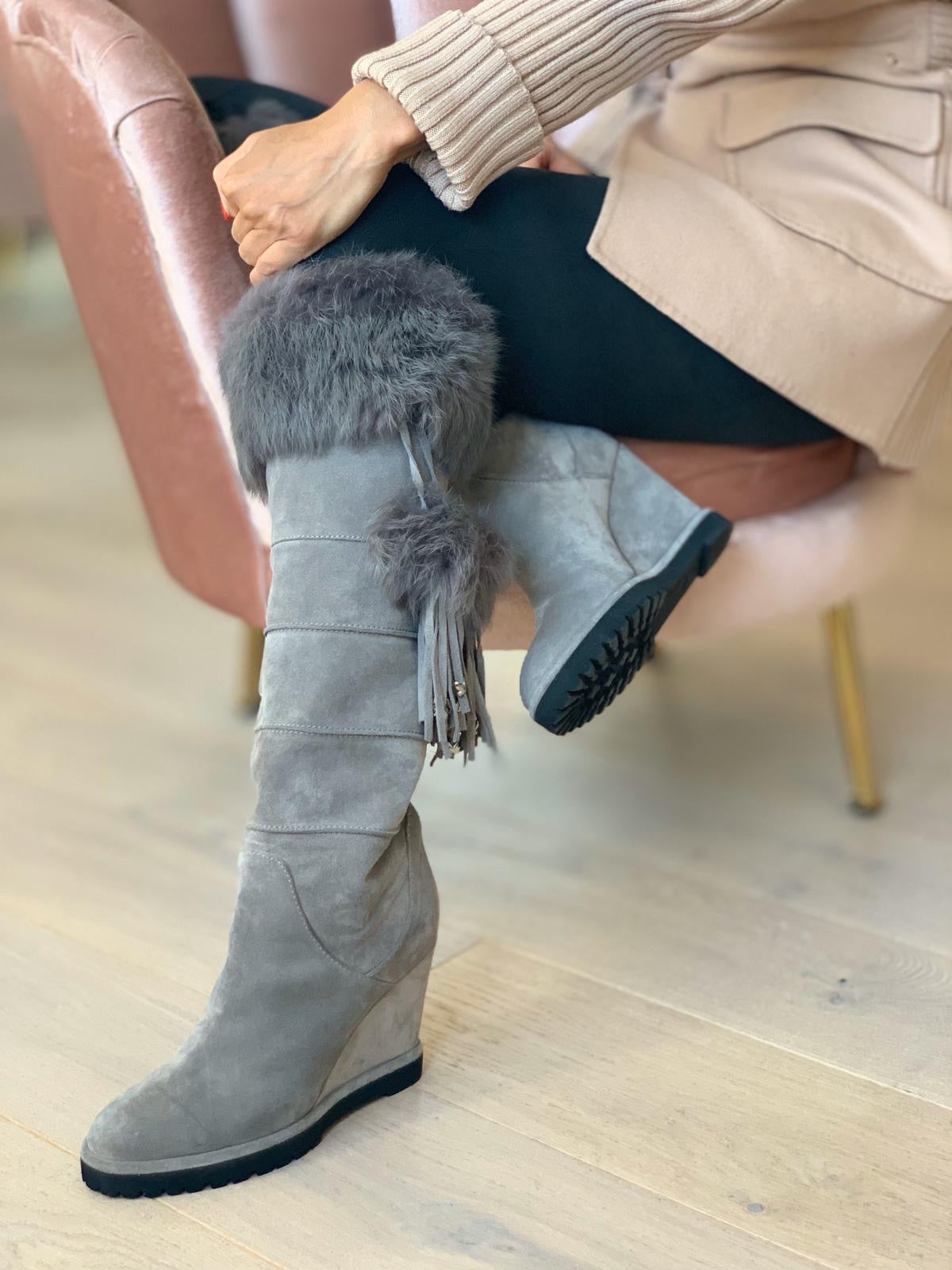 Grey Suede Winter Boots with Silver Butterflies Fur