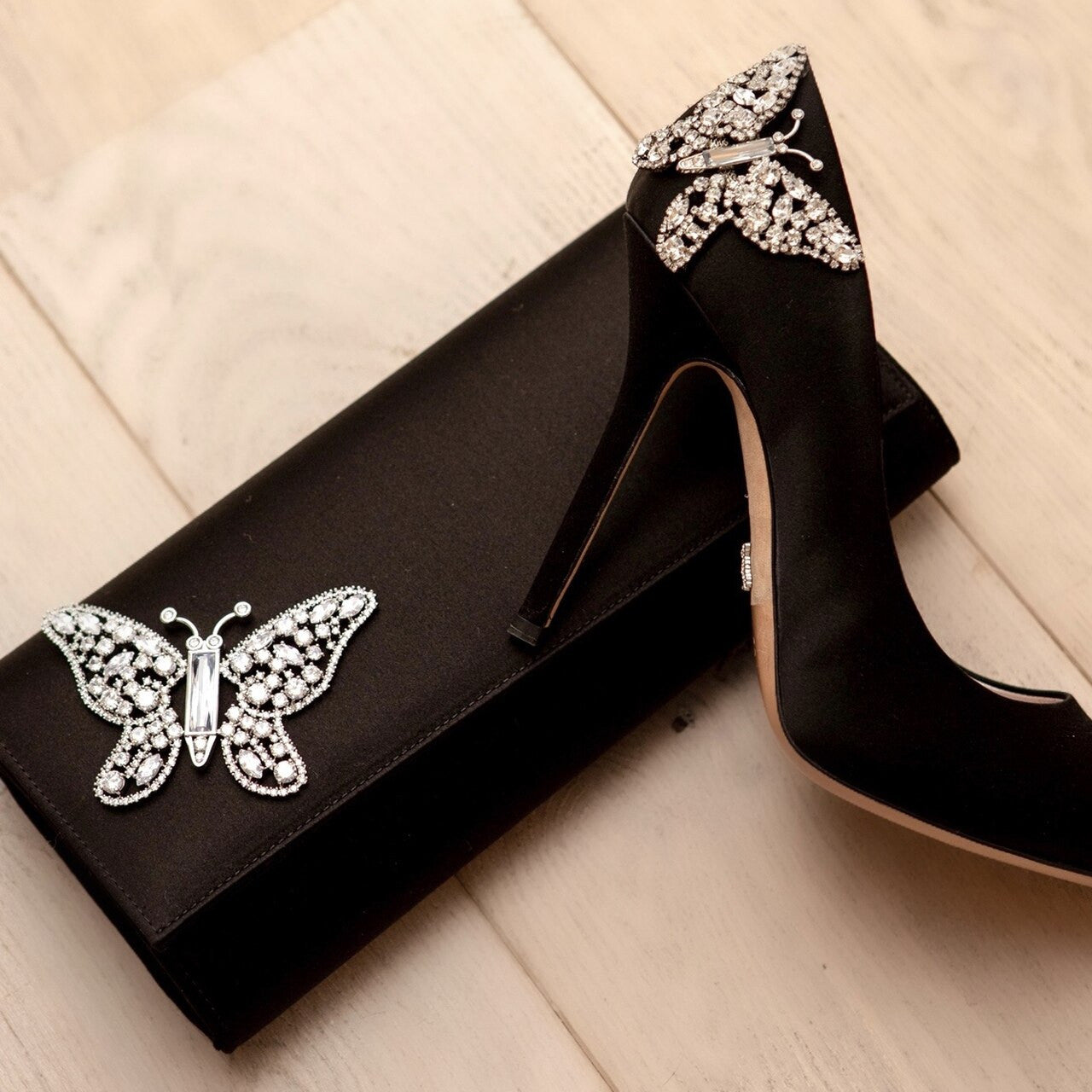 April Butterfly Heels Black Satin