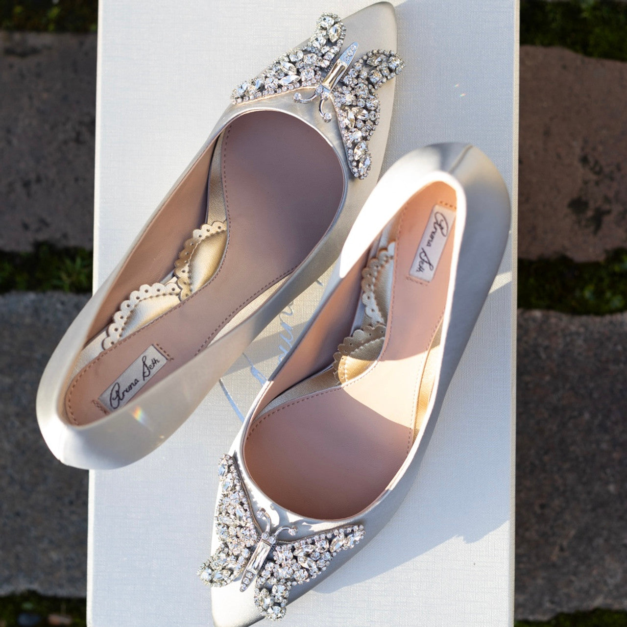 Emilia Butterfly Heels Silver Satin