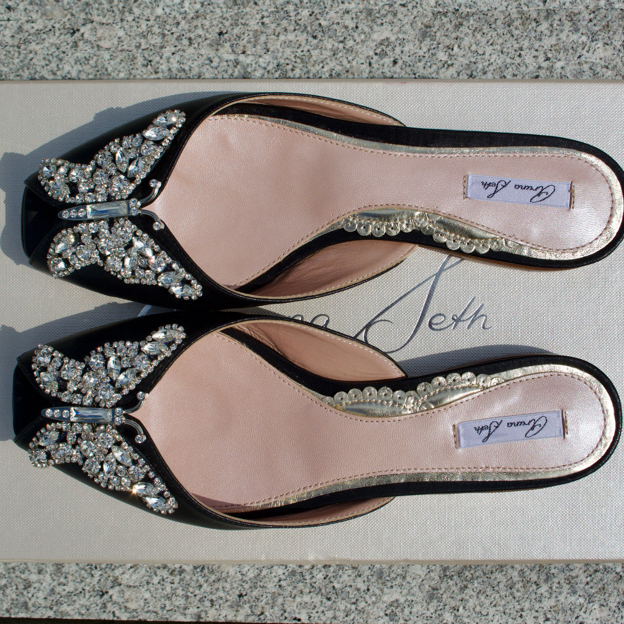 Luna Butterfly Slip- on Sliders Black Leather