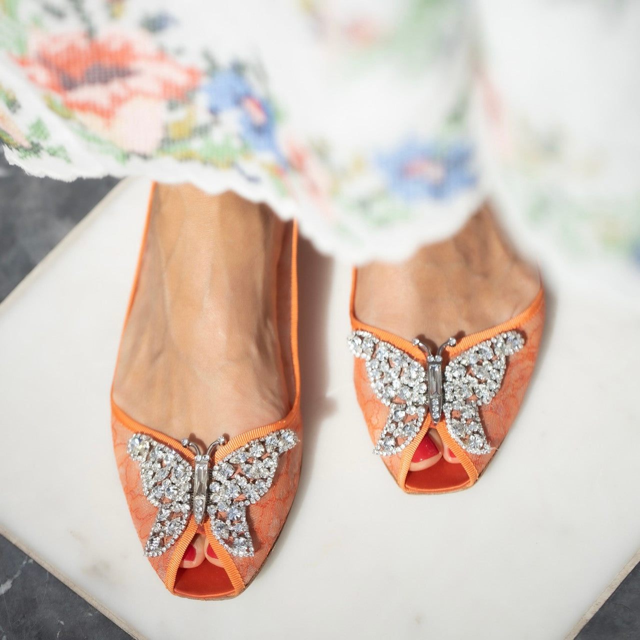 Liana Butterfly Open Toe Flats Orange Lace