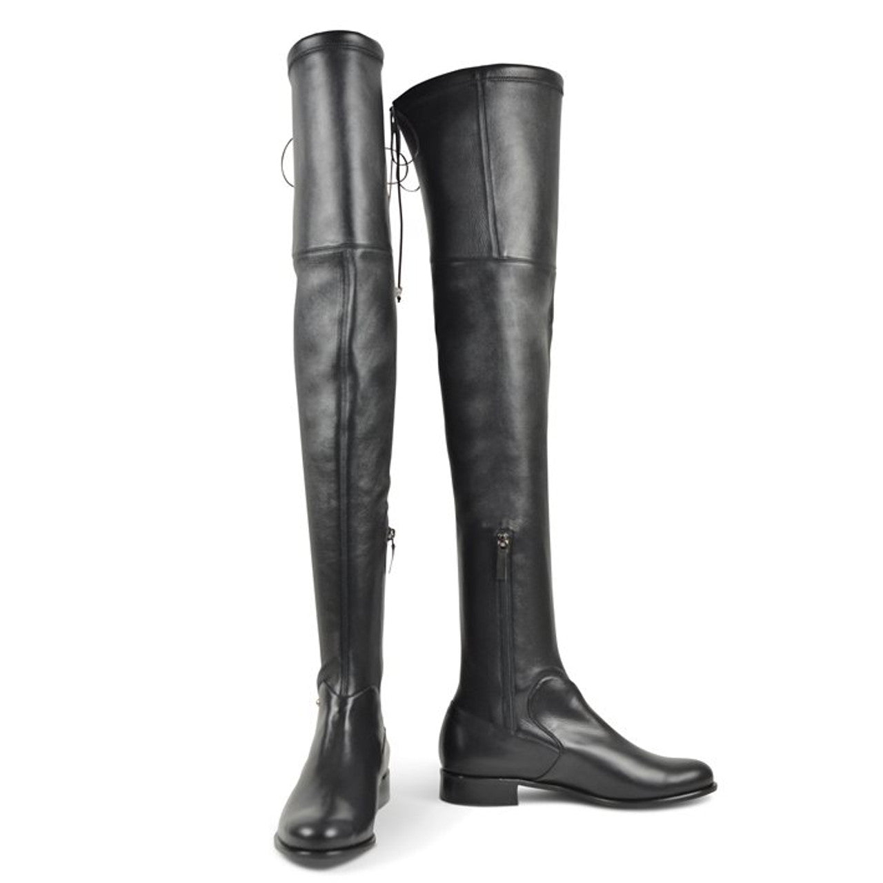 London Black Leather Over the Knee Flat Boots