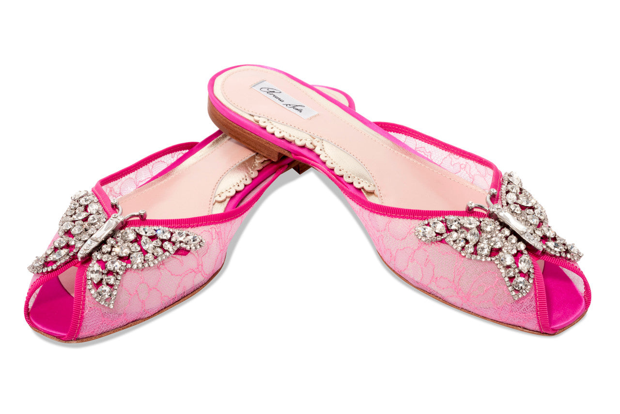 Luna Butterfly Slip-on Sliders Pop Pink Lace