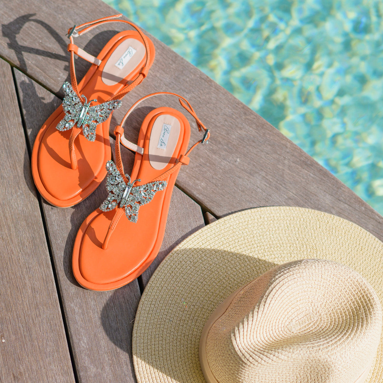 Capri Butterfly T Bar Sandals Orange Leather