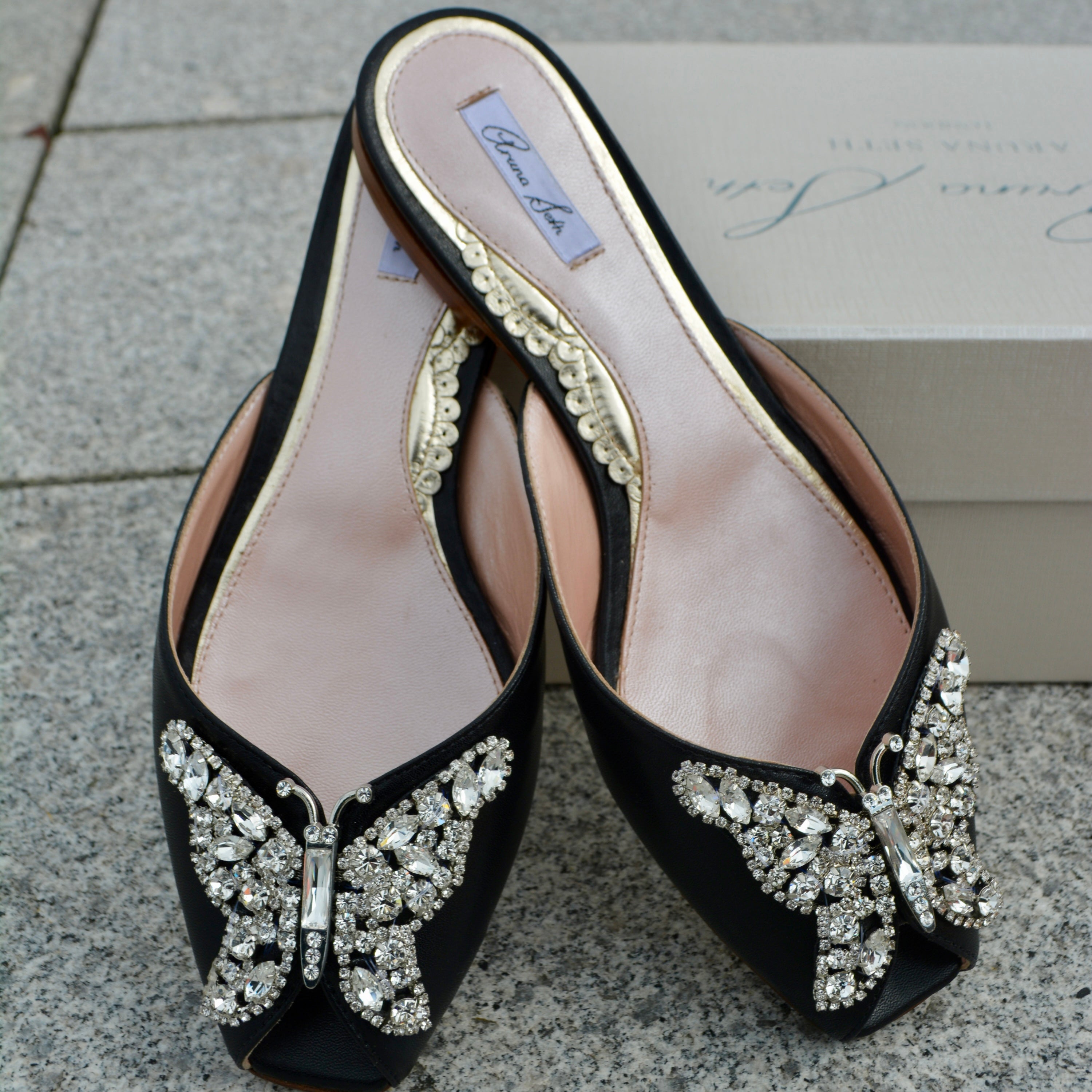Luna Butterfly Slip- on Sliders Black Leather