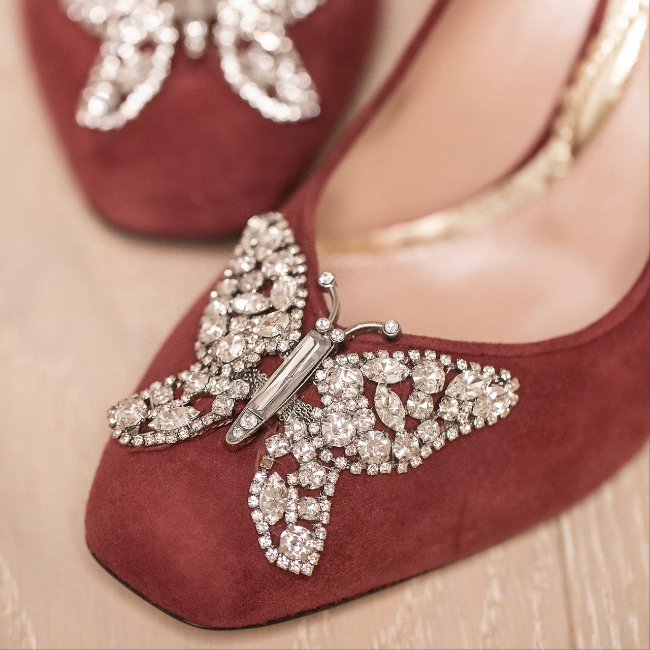 Annabel Butterfly Block Heels Burgundy Suede
