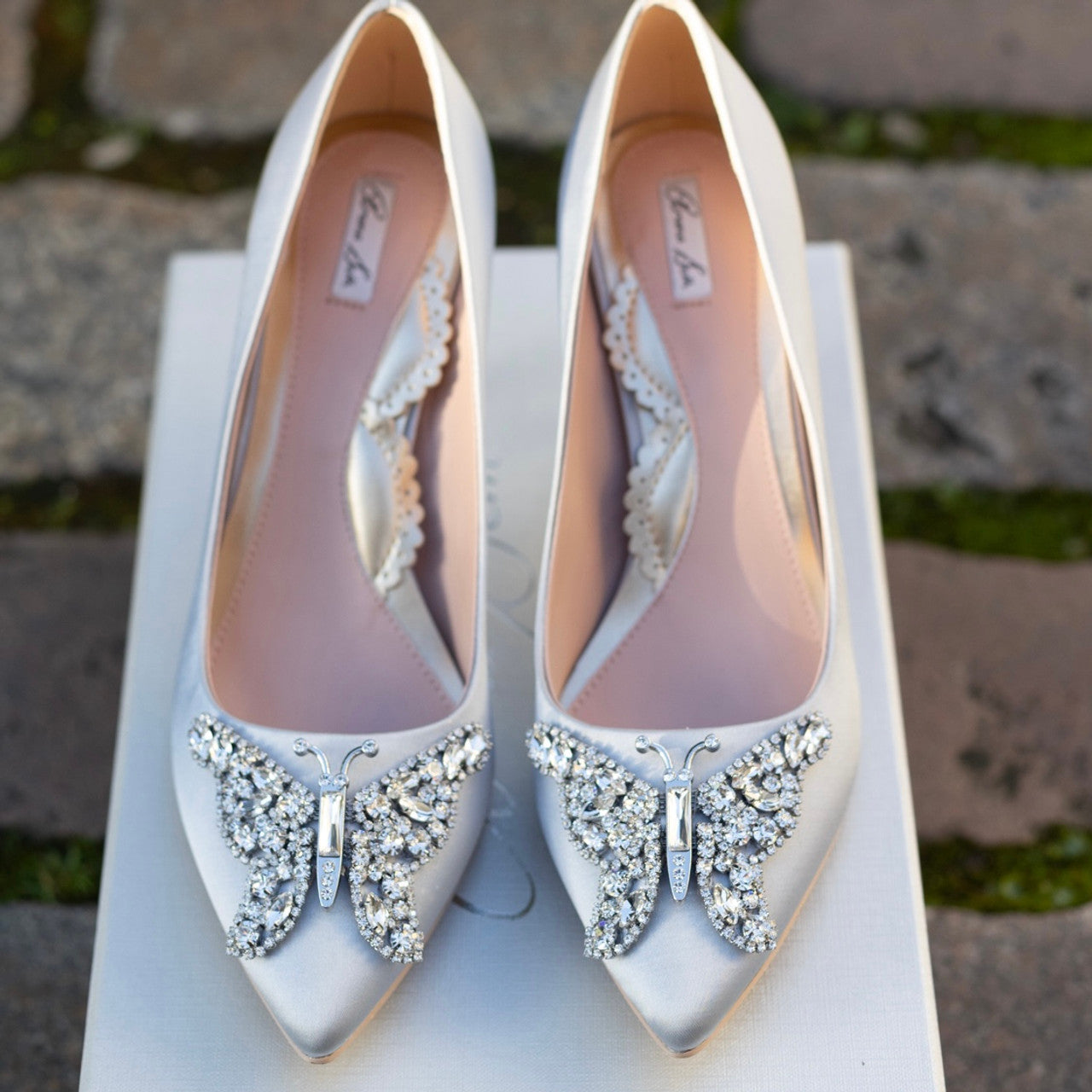 Emilia Butterfly Heels Silver Satin