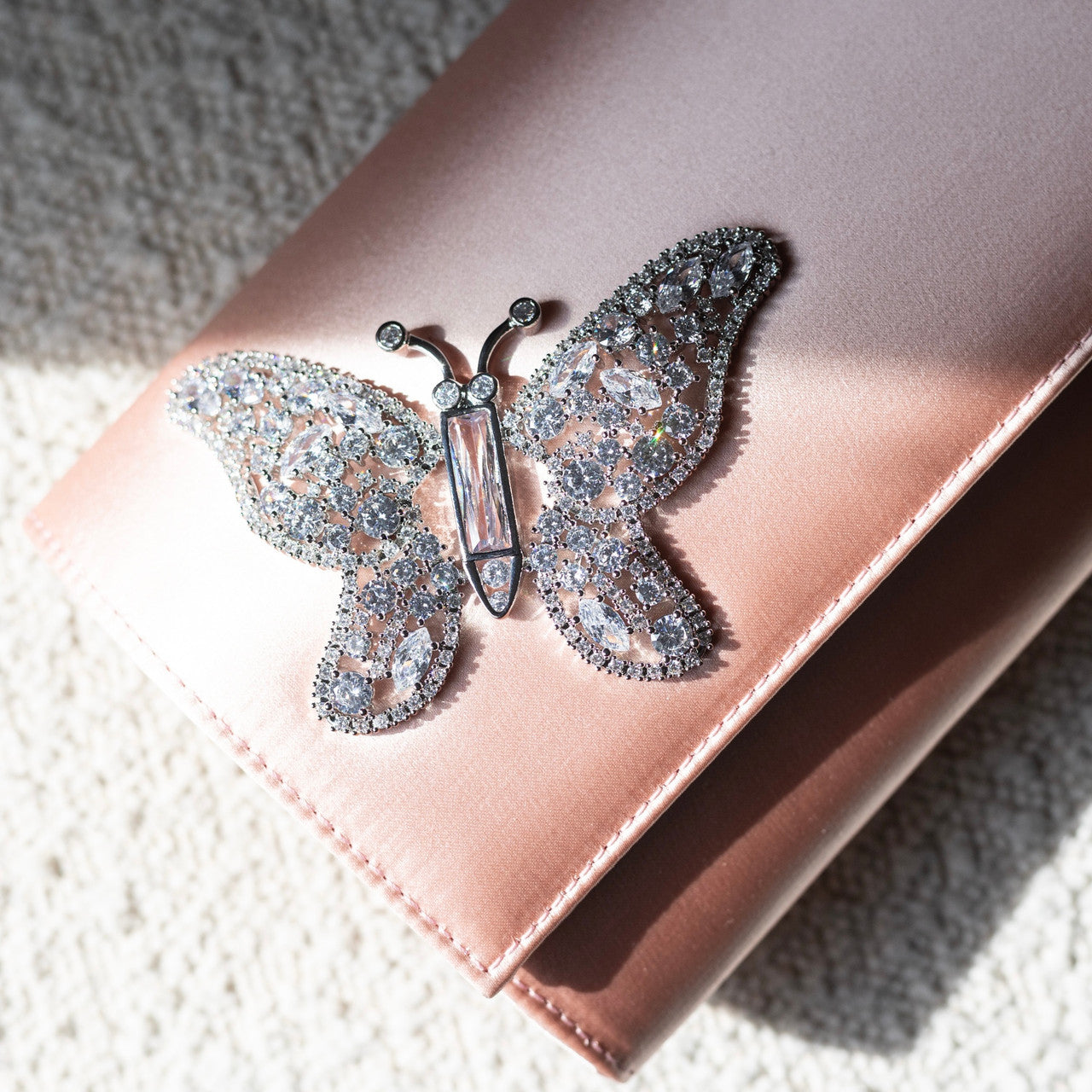 Pale Pink Satin Butterfly Clutch Bag