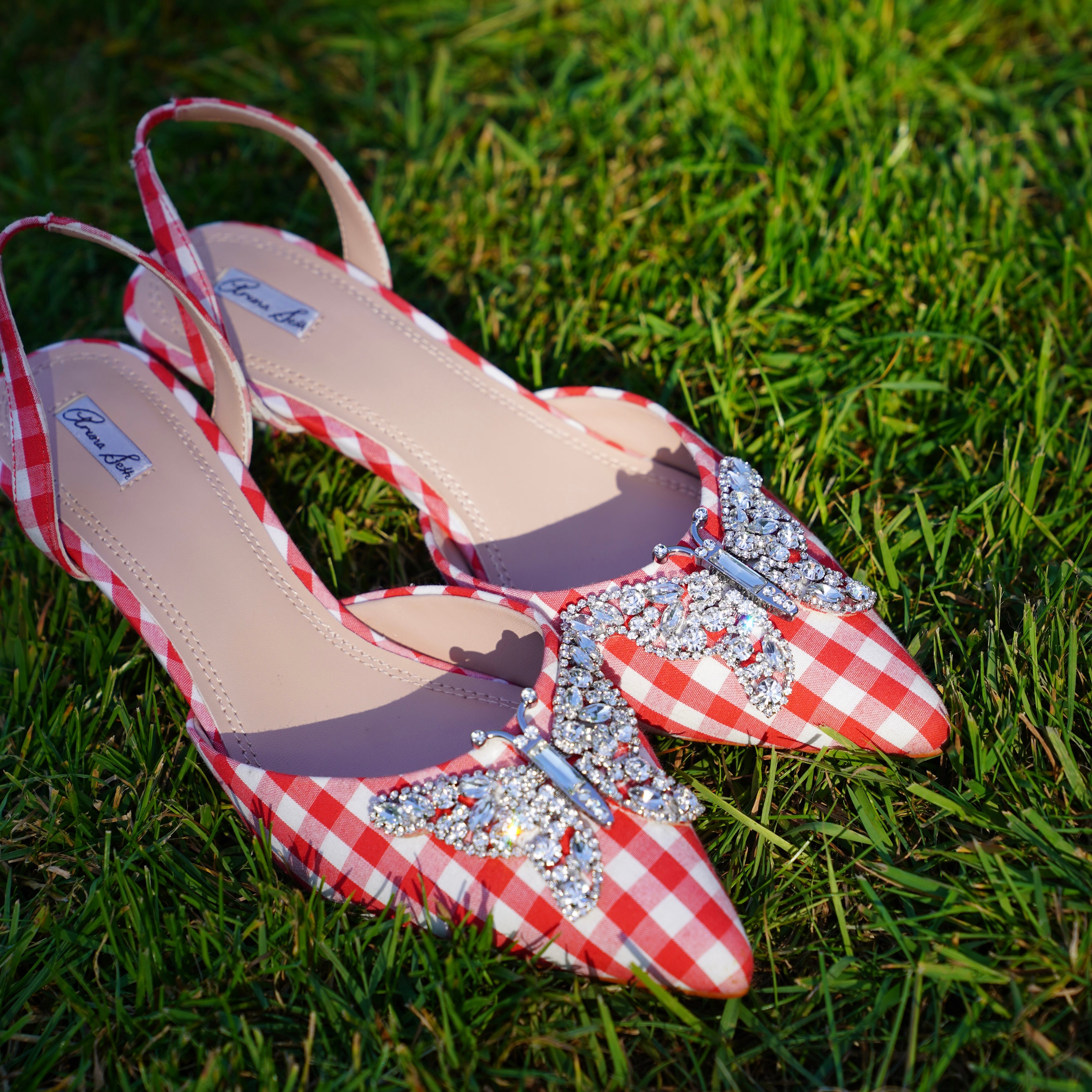 Love Butterfly Slingback Heels Red Gingham