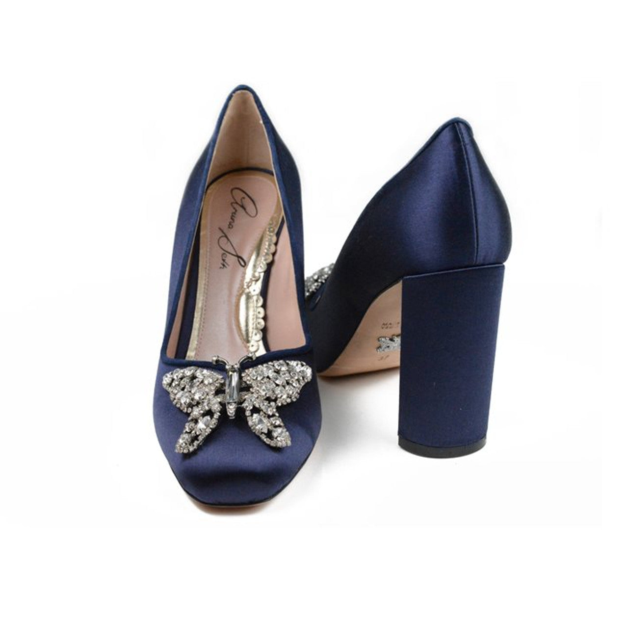 Annabel Butterfly Block Heels Navy Blue Satin
