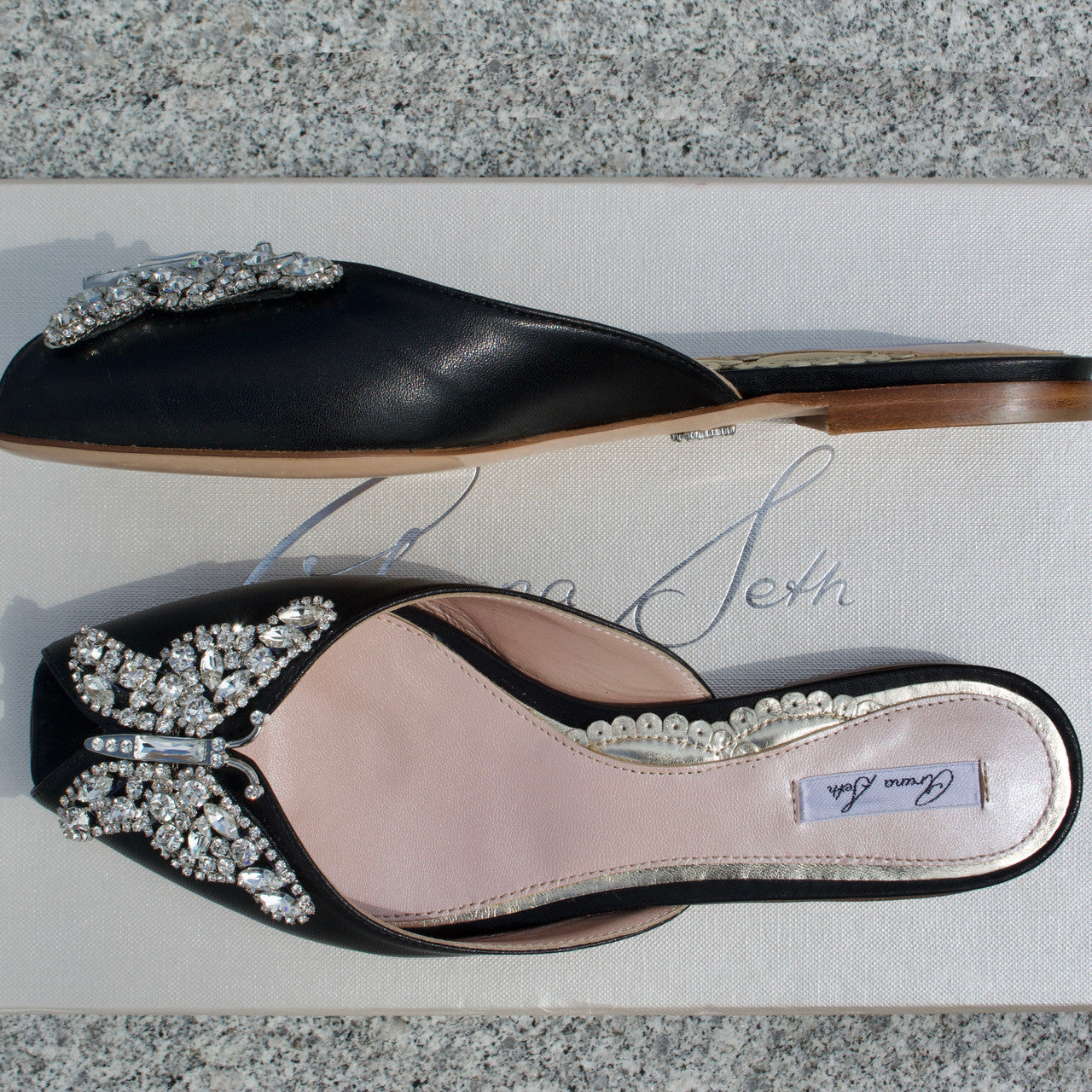 Luna Butterfly Slip- on Sliders Black Leather