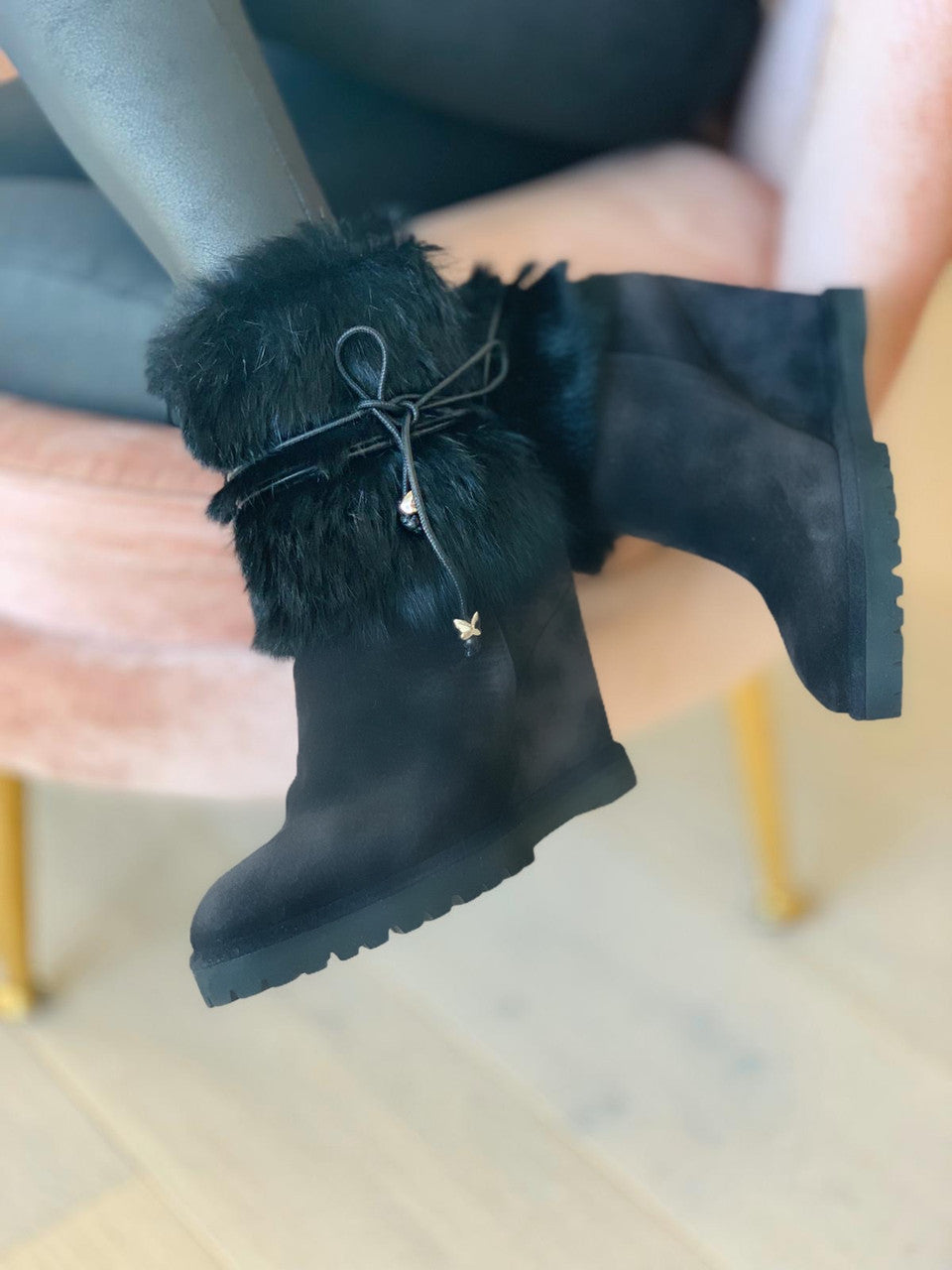 St Moritz Black Suede Fur Ankle Boot
