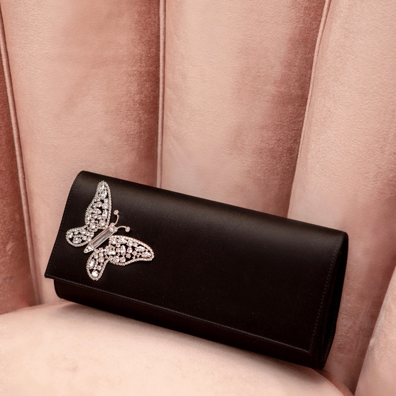 Butterfly Black Satin Clutch Bag