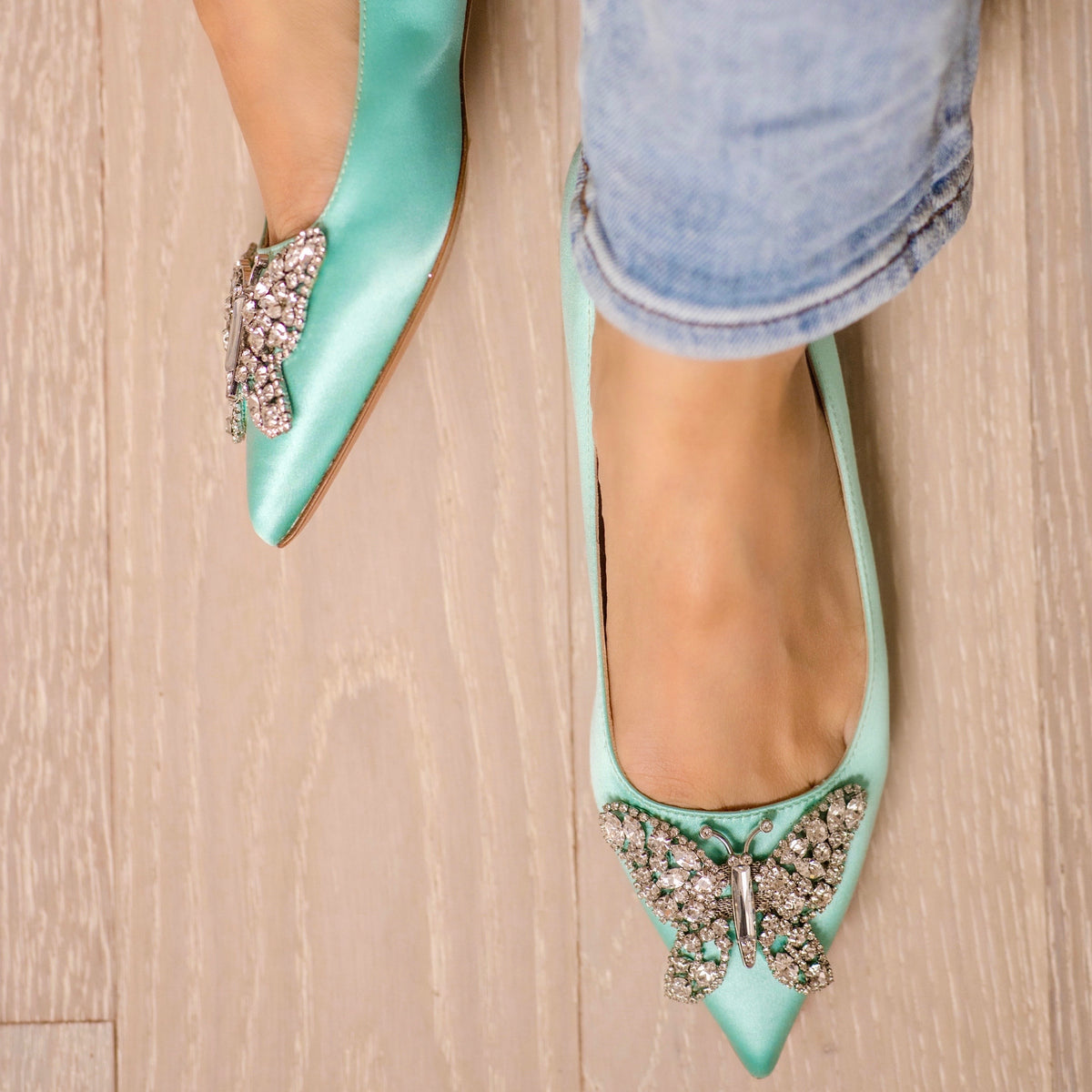 Eliana Ballerina Flat Pointy Tiffany Blue Satin