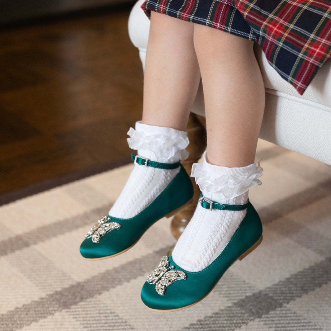 Angelina Butterfly Girls Shoes Emerald Green Satin