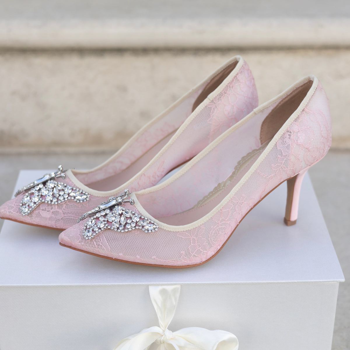 Emilia Butterfly Heels Pink Lace