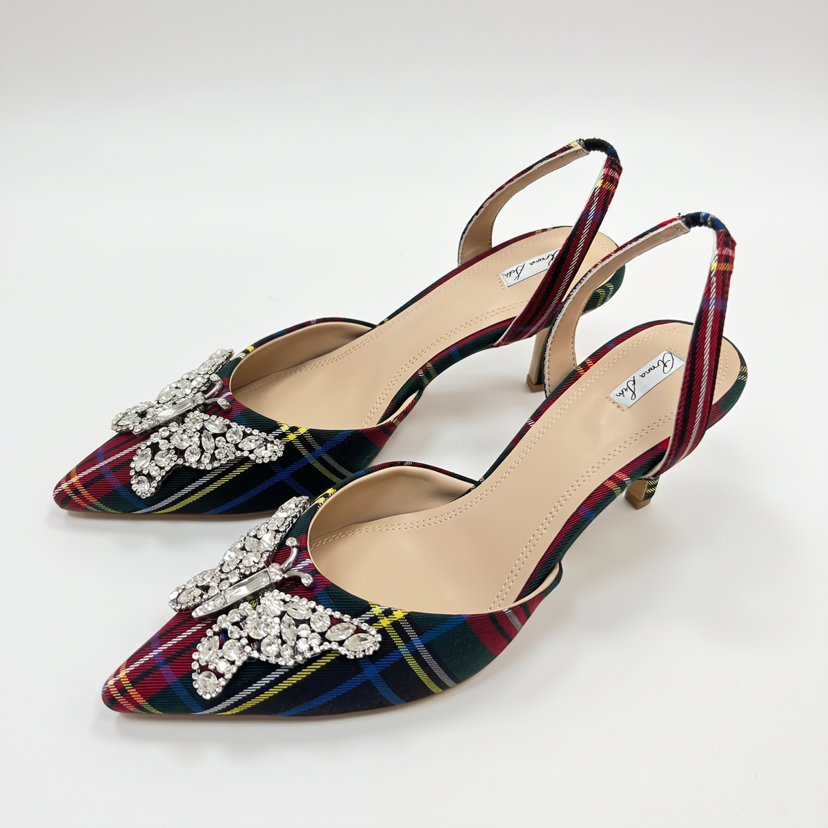 Love Butterfly Slingback Heels Green Tartan