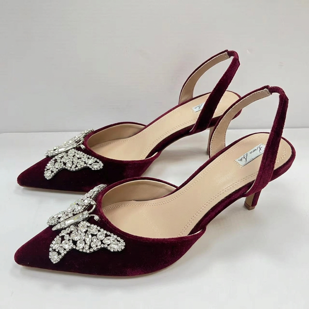 Love Butterfly Slingback Heels Burgundy Velvet