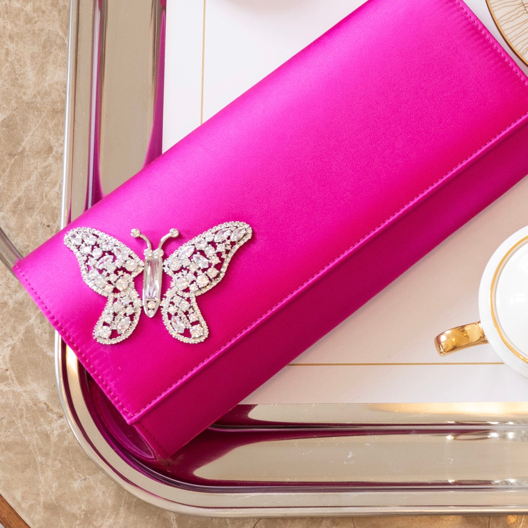 Neon Pink Satin Butterfly Clutch Bag