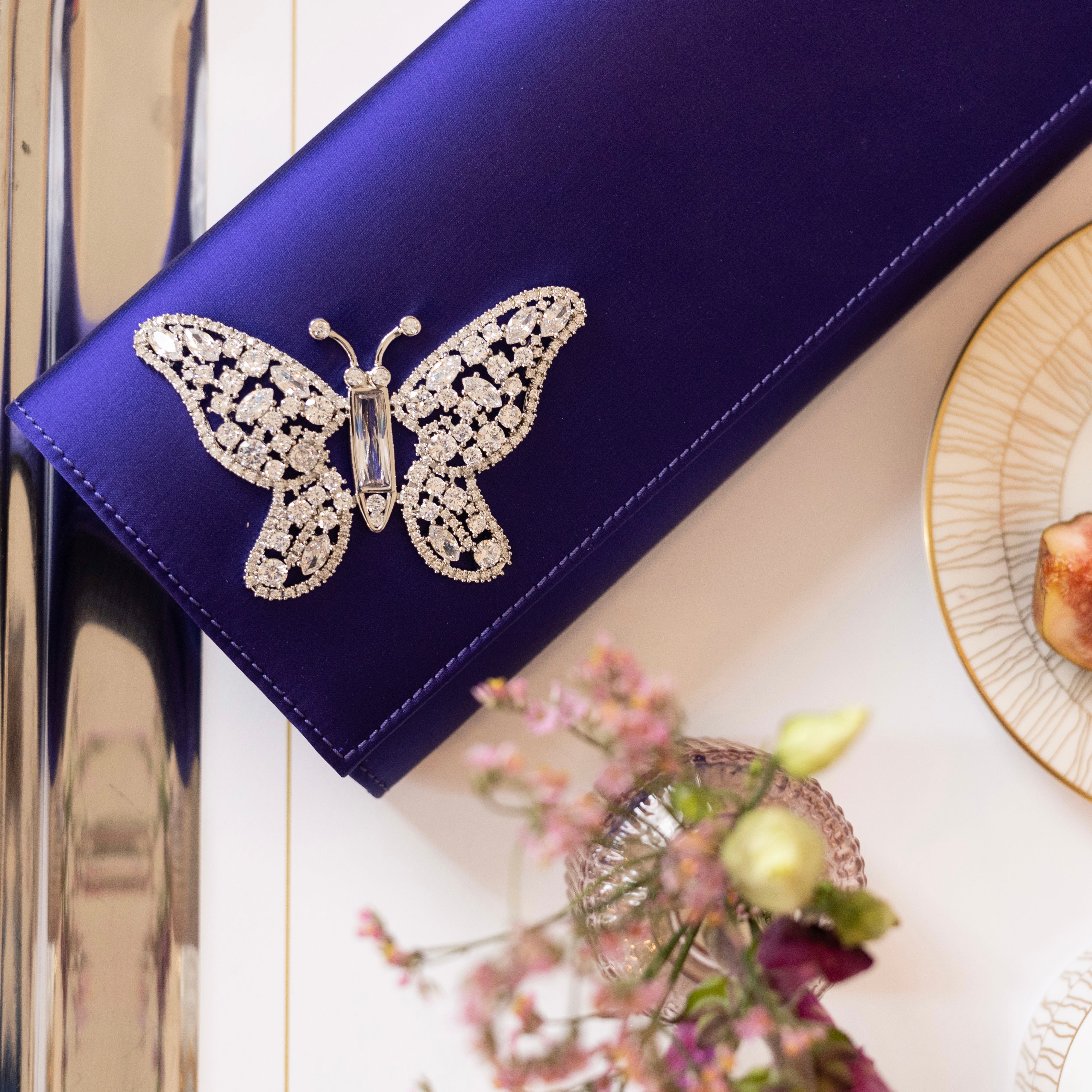 Dark Violet Satin Butterfly Clutch Bag