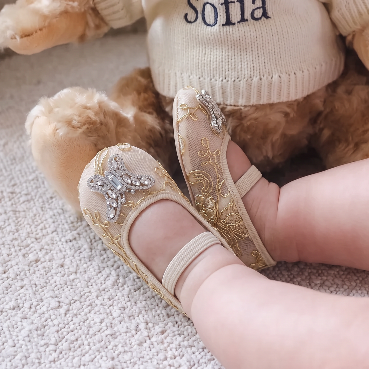 Odette Butterfly Baby Shoes | Gold Chantilly Lace