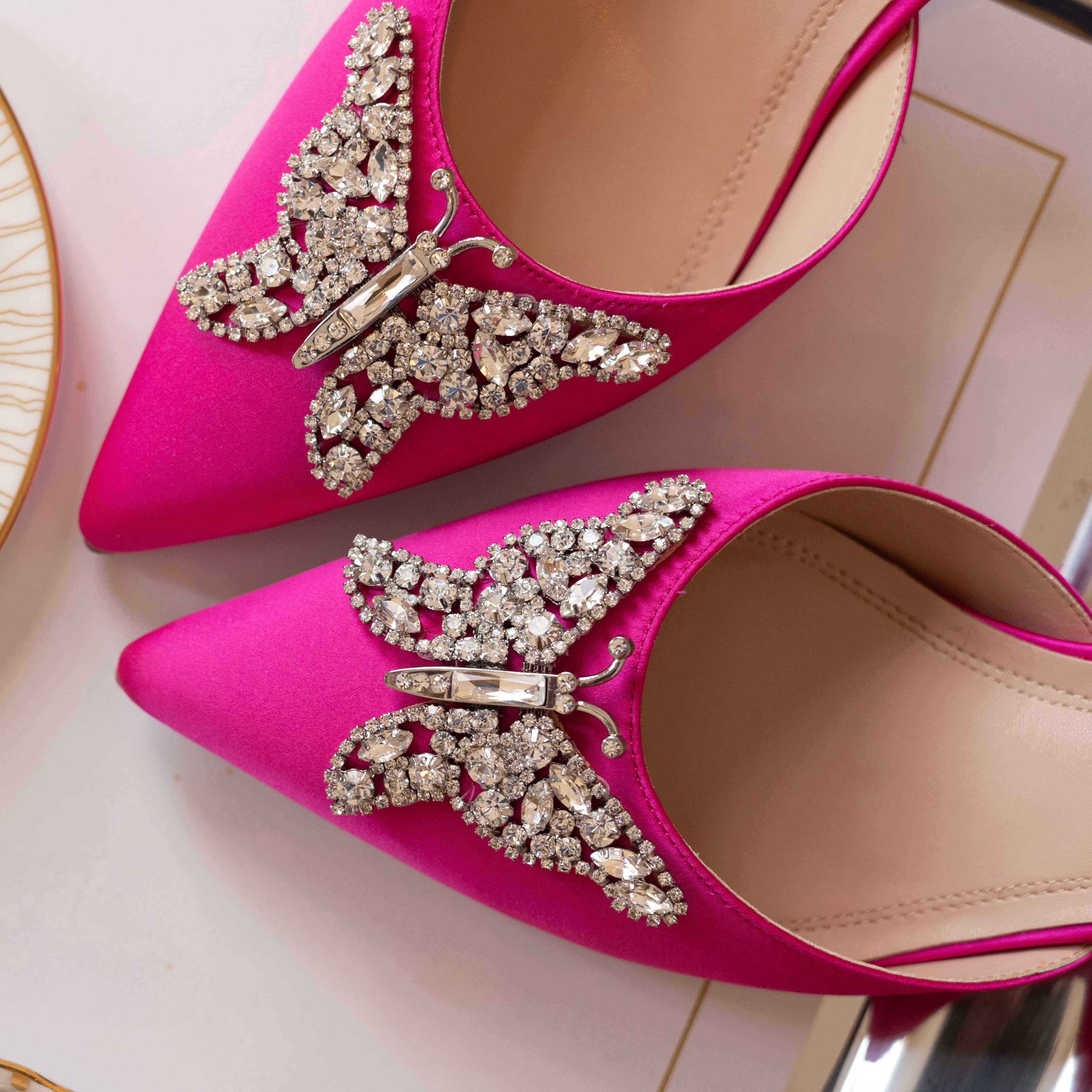 Love Butterfly Slingback Heels Neon Pink Satin