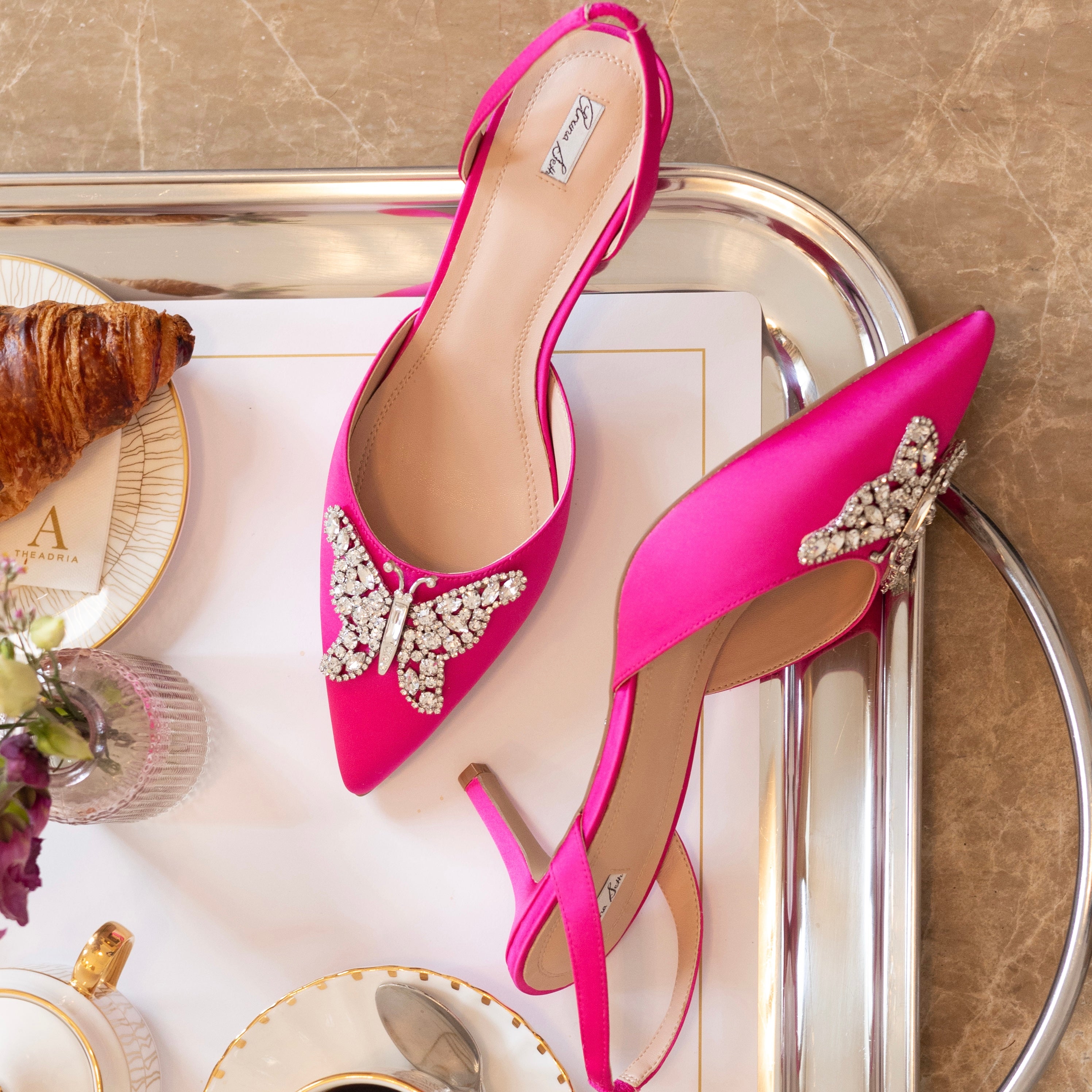 Love Butterfly Slingback Heels Neon Pink Satin