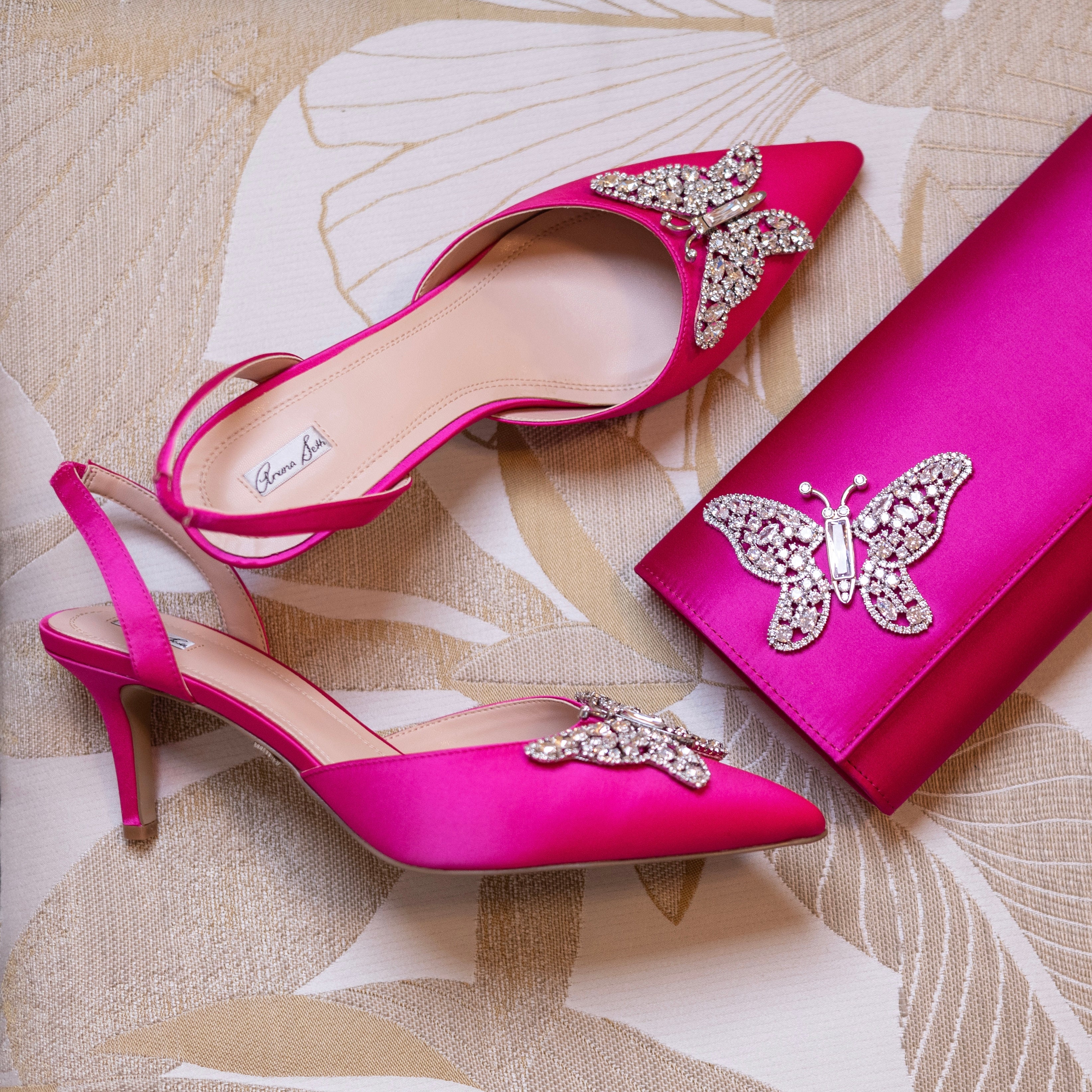 Love Butterfly Slingback Heels Neon Pink Satin