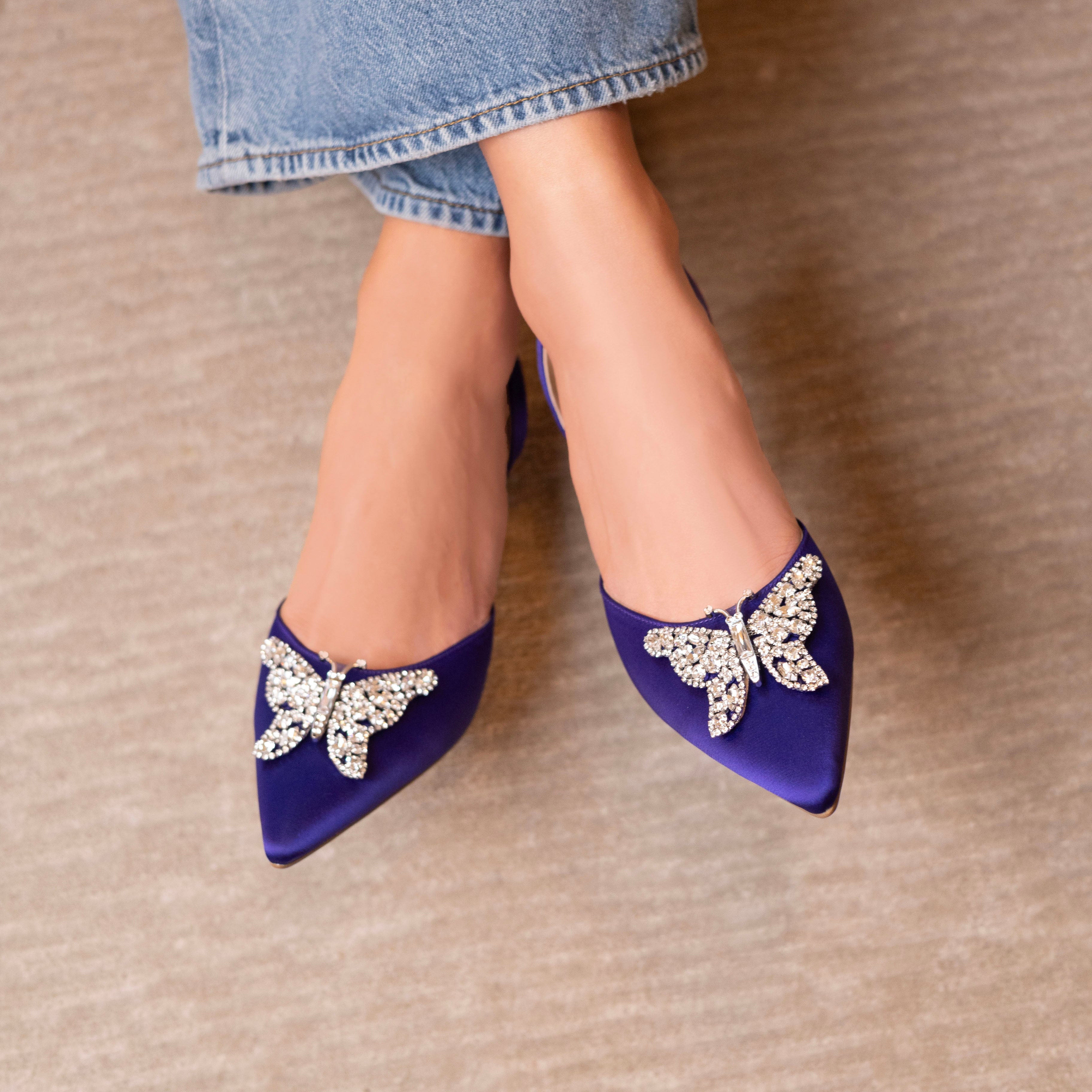 Love Butterfly Slingback Heels Dark Violet Satin