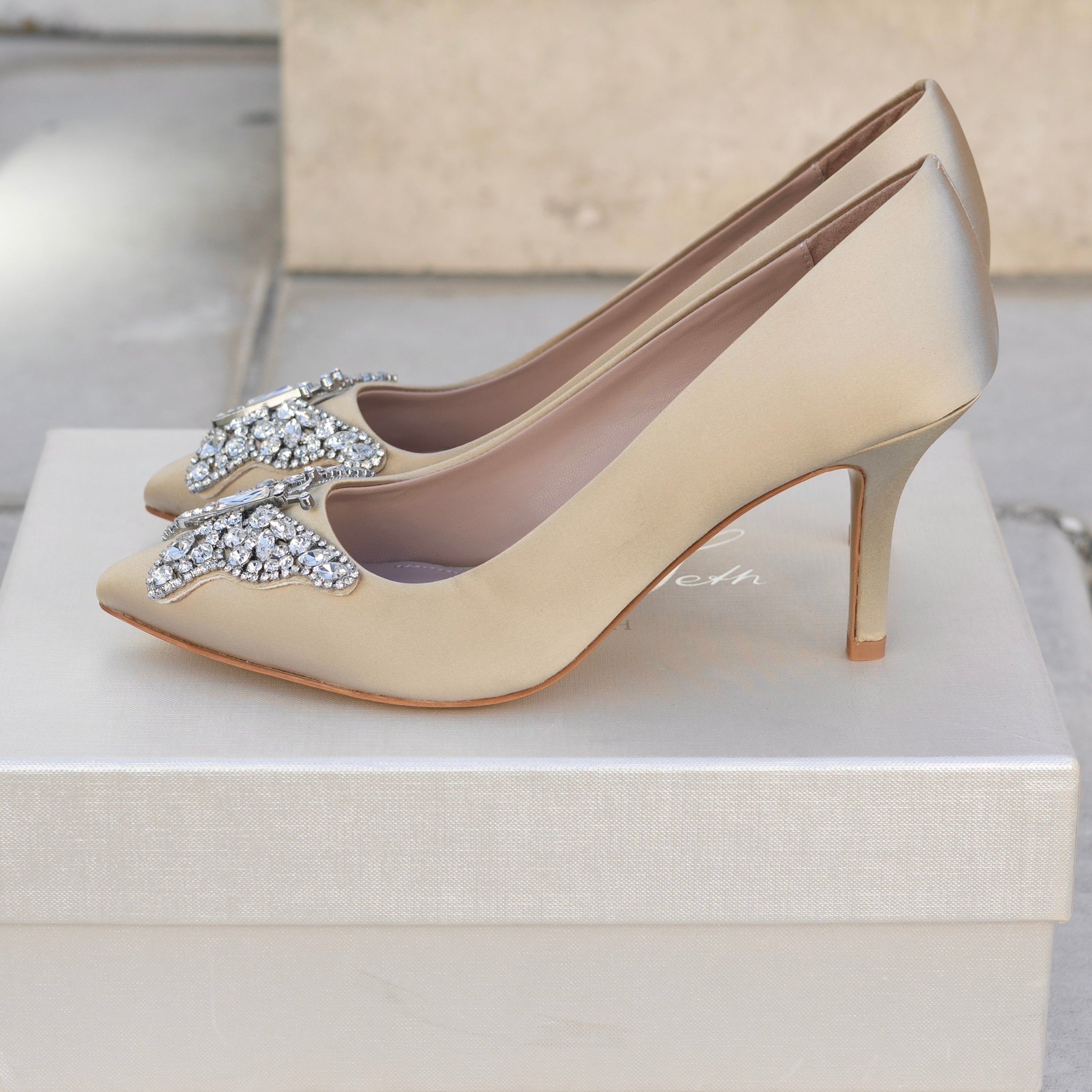 Emilia Butterfly Heels Champagne Satin