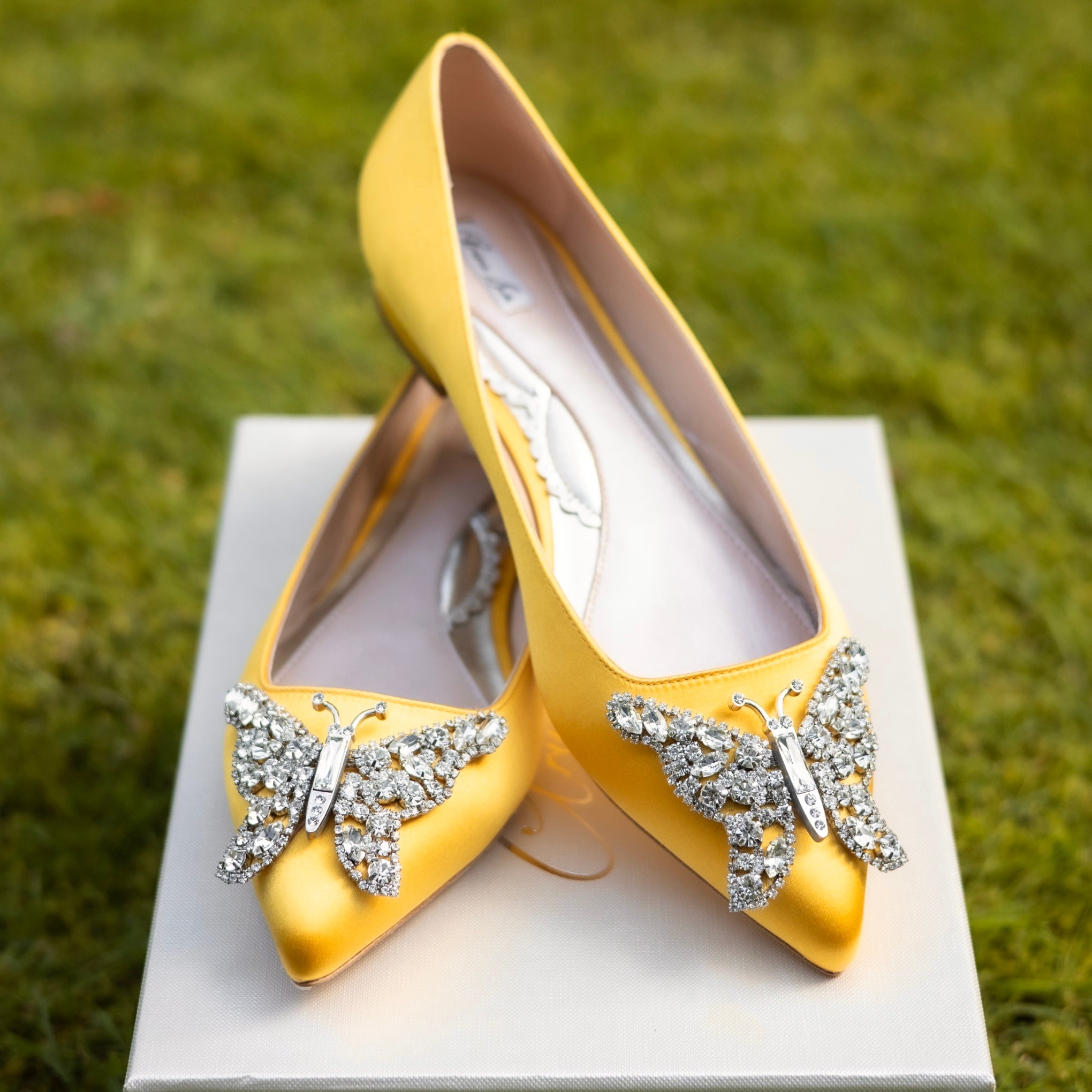 Eliana Butterfly Pointy Flats Yellow Satin