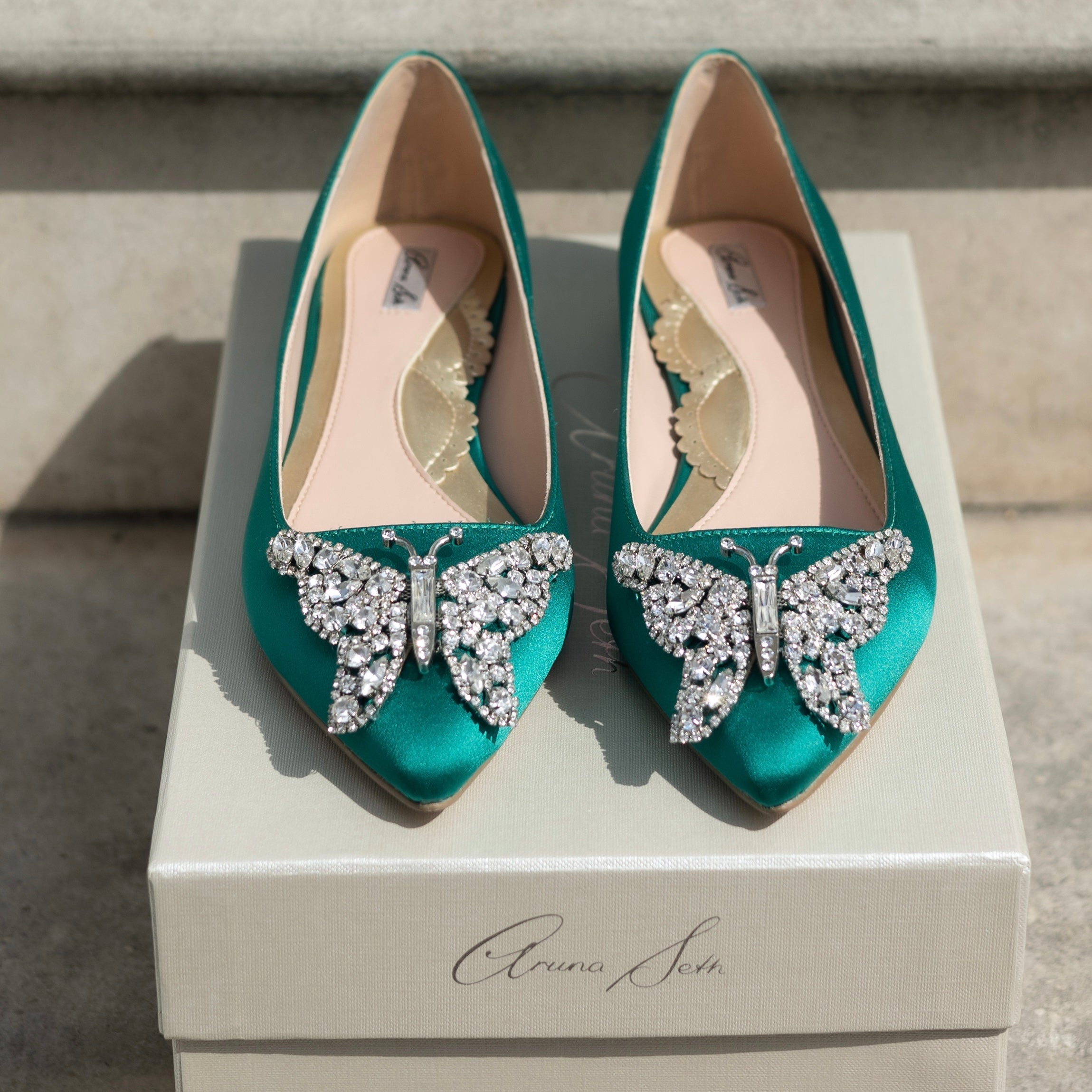 Eliana Butterfly Pointy Flats Green Satin
