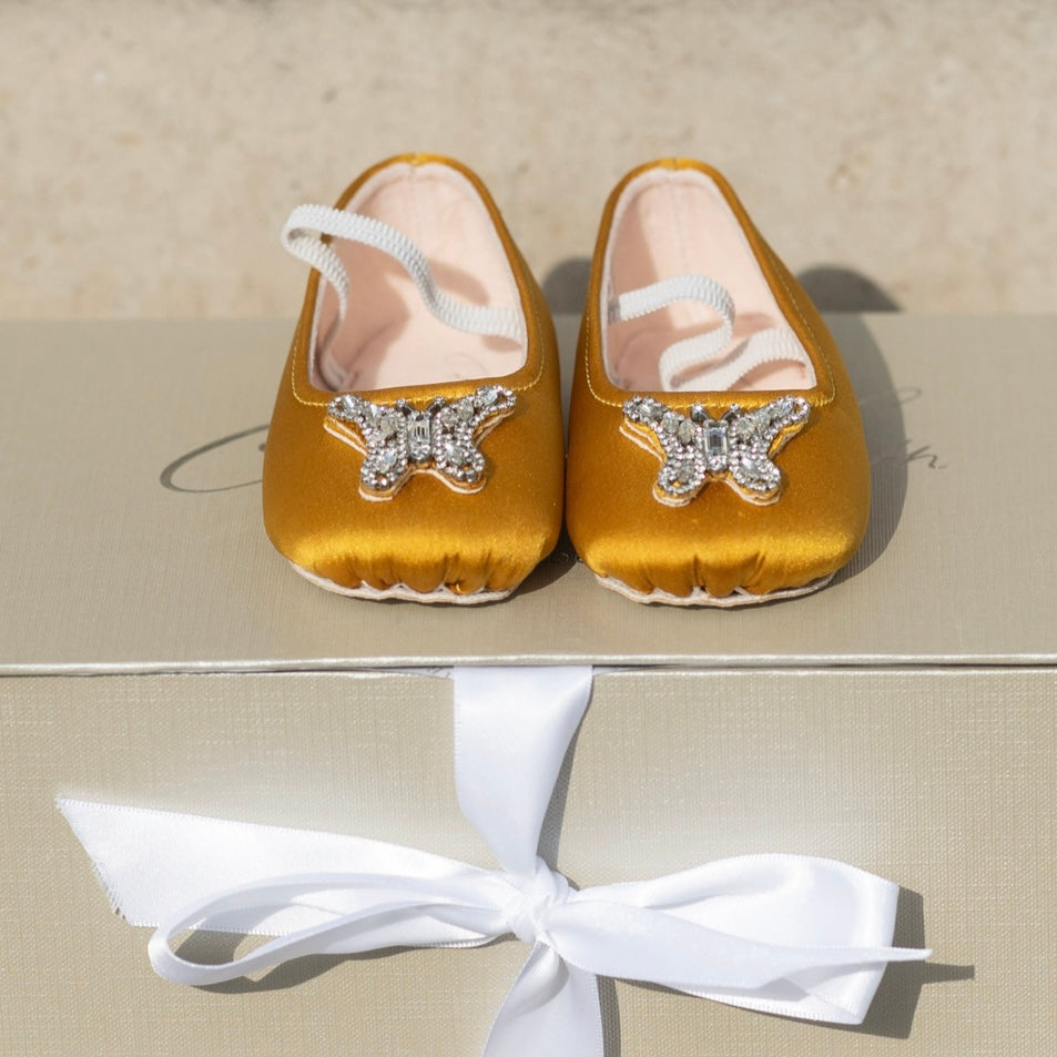 Odette Butterfly Baby Shoes | Antique Gold Satin