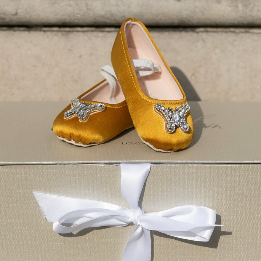 Odette Butterfly Baby Shoes | Antique Gold Satin