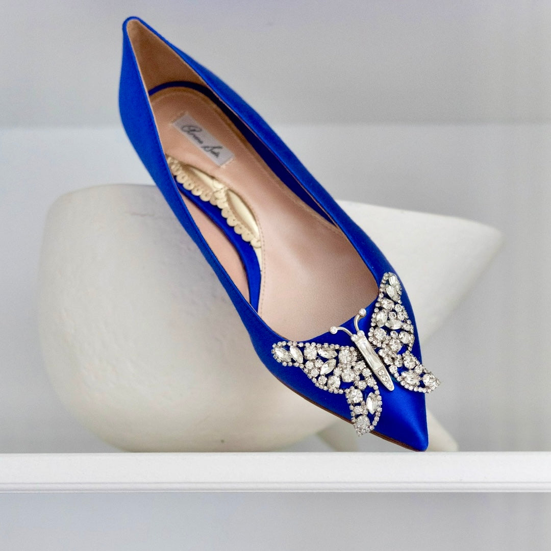 Eliana Butterfly Pointy Flats Cobalt Blue Satin