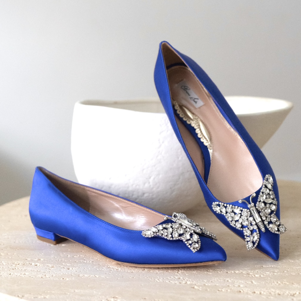 Eliana Butterfly Pointy Flats Cobalt Blue Satin