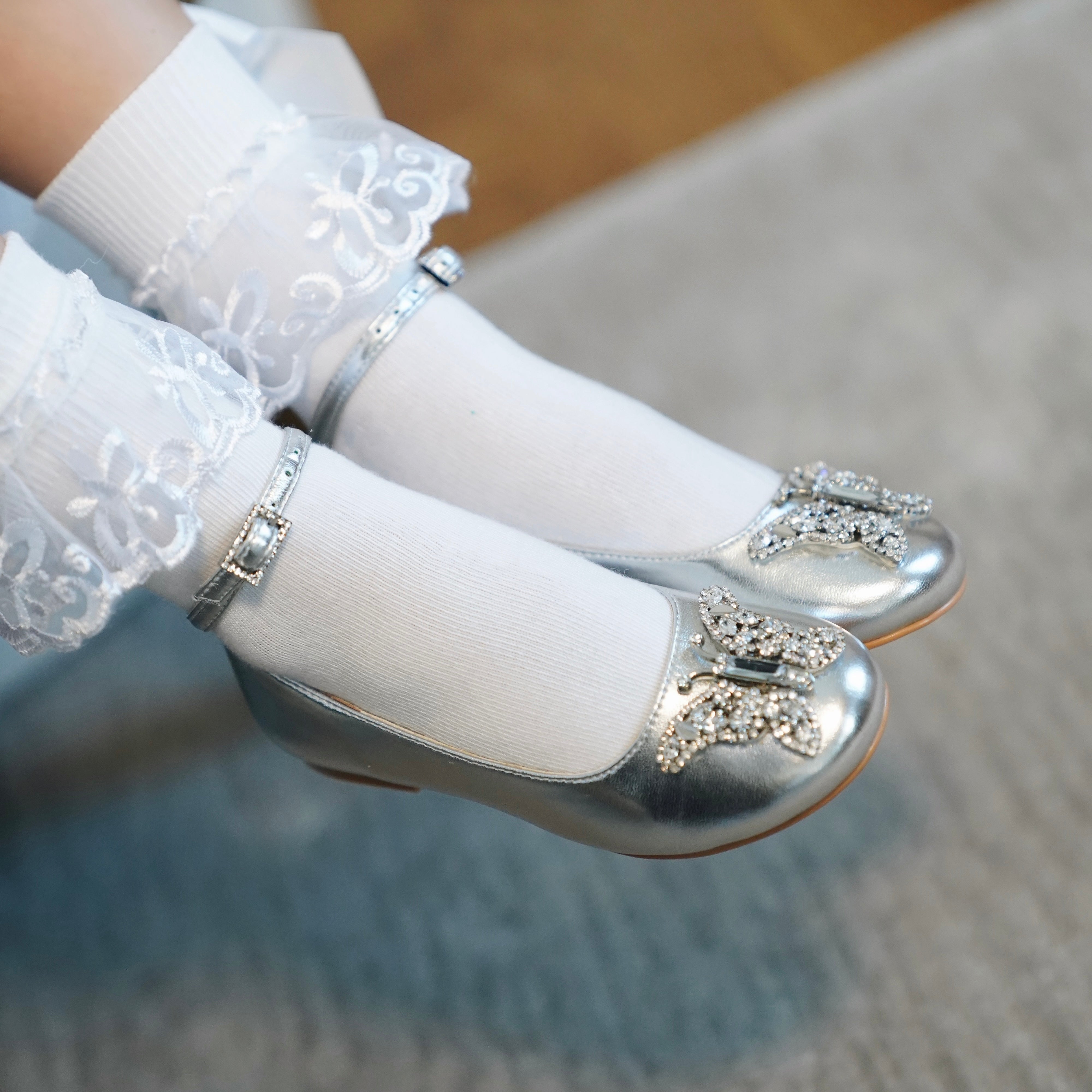 ANGELINA BUTTERFLY GIRLS SHOES SILVER METALLIC LEATHER