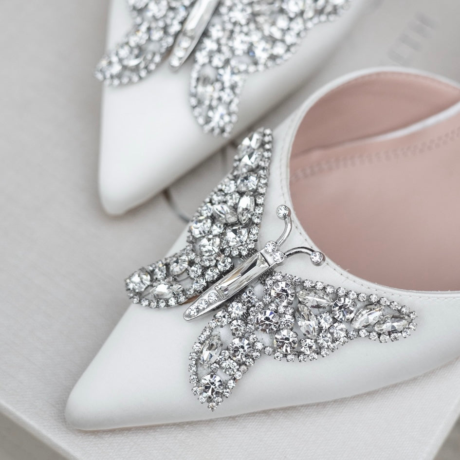 Love Butterfly Slingback Heels Ivory Satin