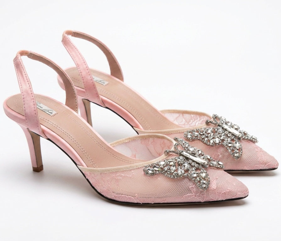 LOVE BUTTERFLY SLINGBACK HEELS Pink LACE