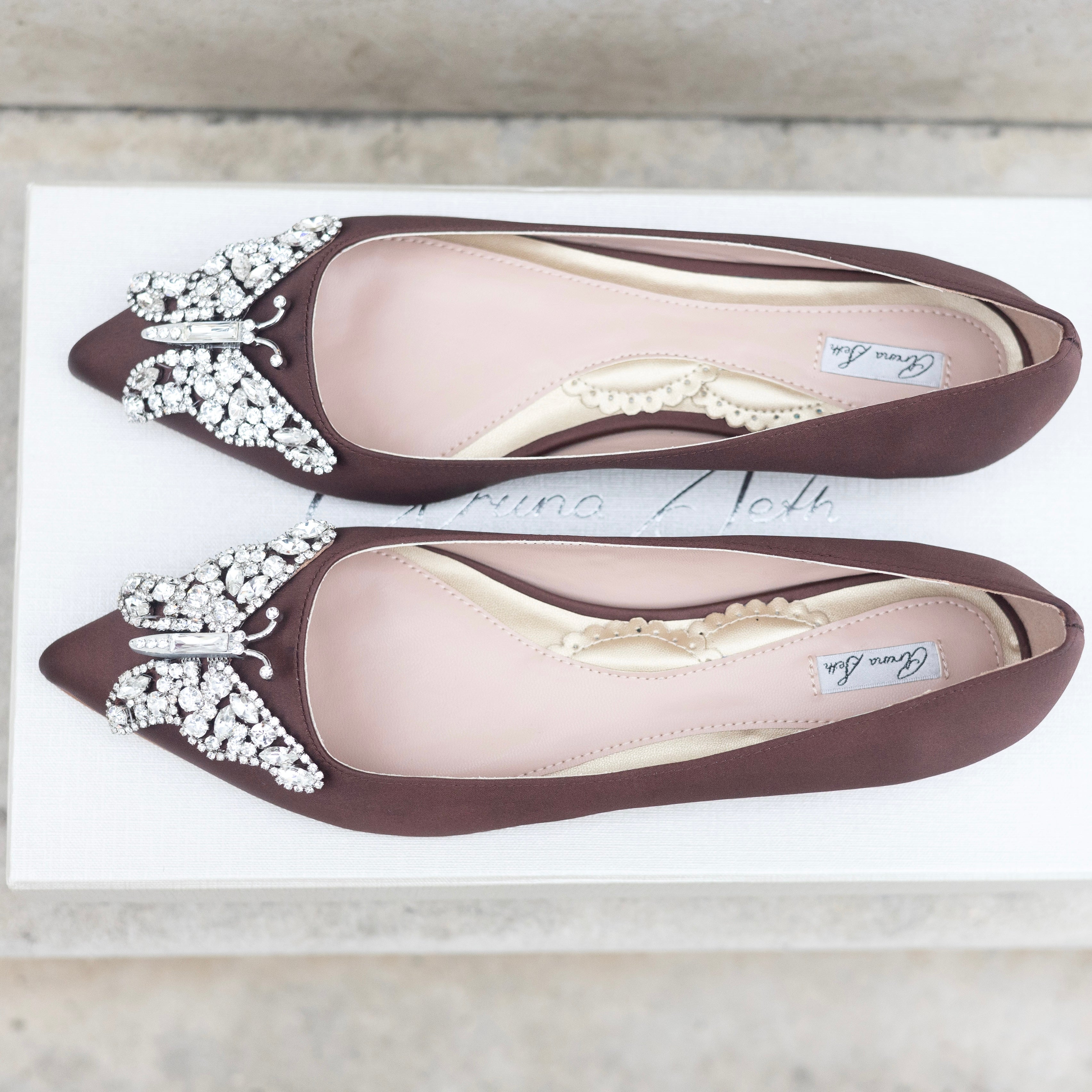 Eliana Butterfly Pointy Flats Chocolate Brown Satin